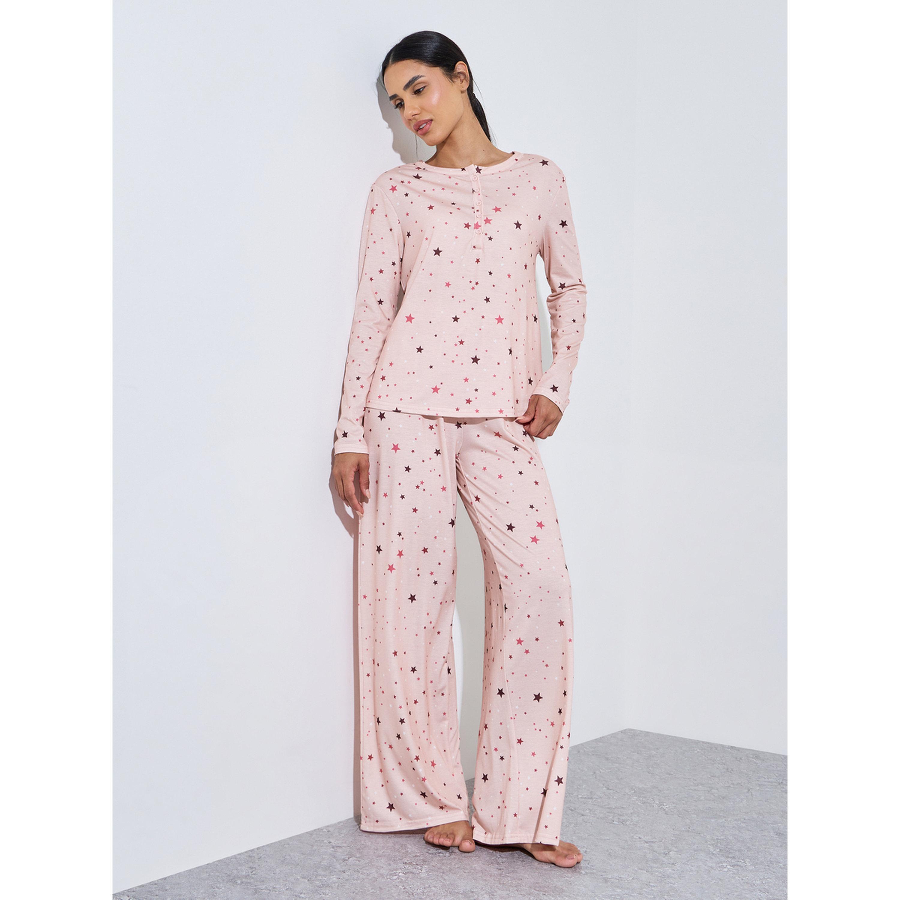 Styli Pink All over Star Print Long Sleeves T-Shirt and Pants Pyjama Set-women-clothing-nightwear-pyjamas-longsets-image-1