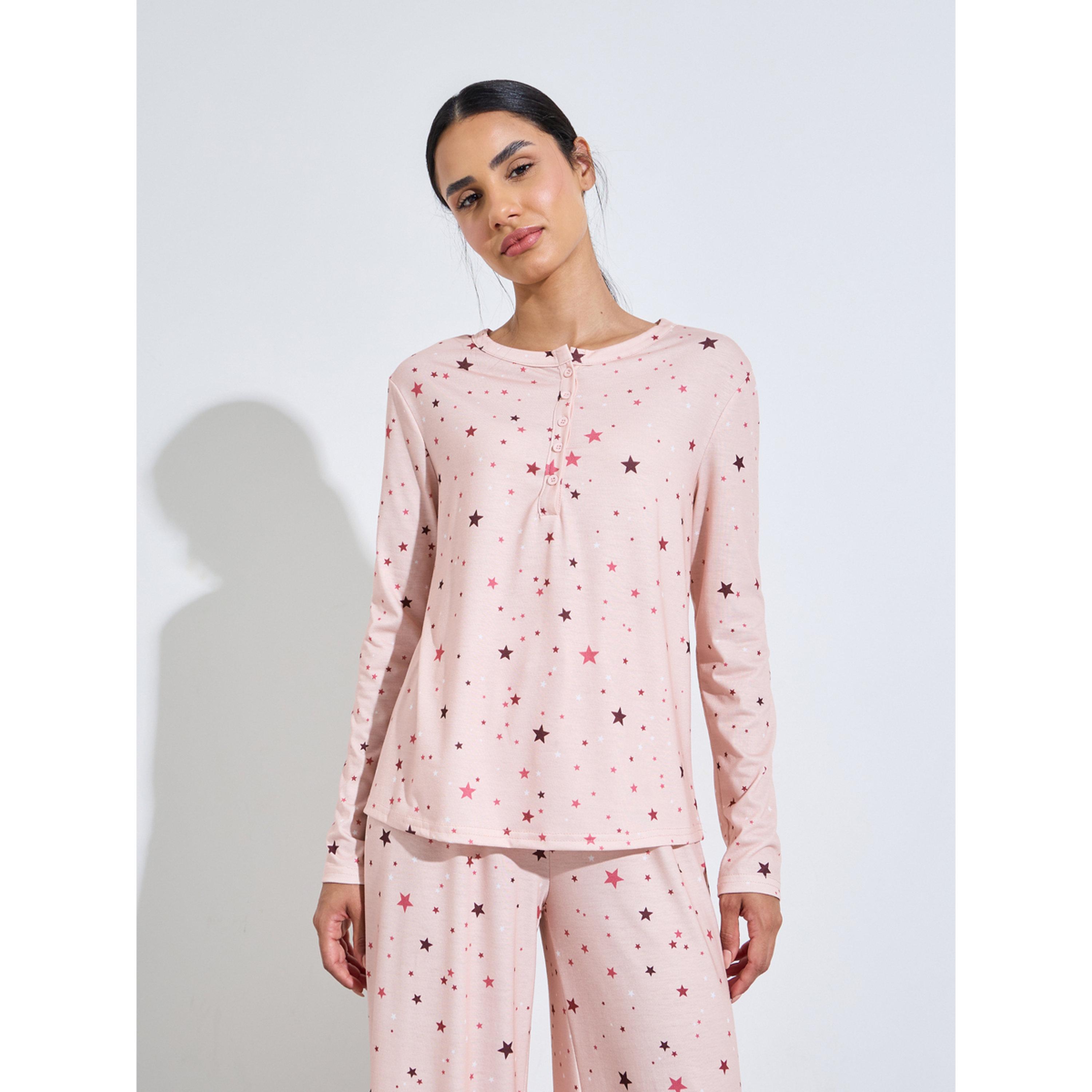 Styli Pink All over Star Print Long Sleeves T-Shirt and Pants Pyjama Set-women-clothing-nightwear-pyjamas-longsets-image-2