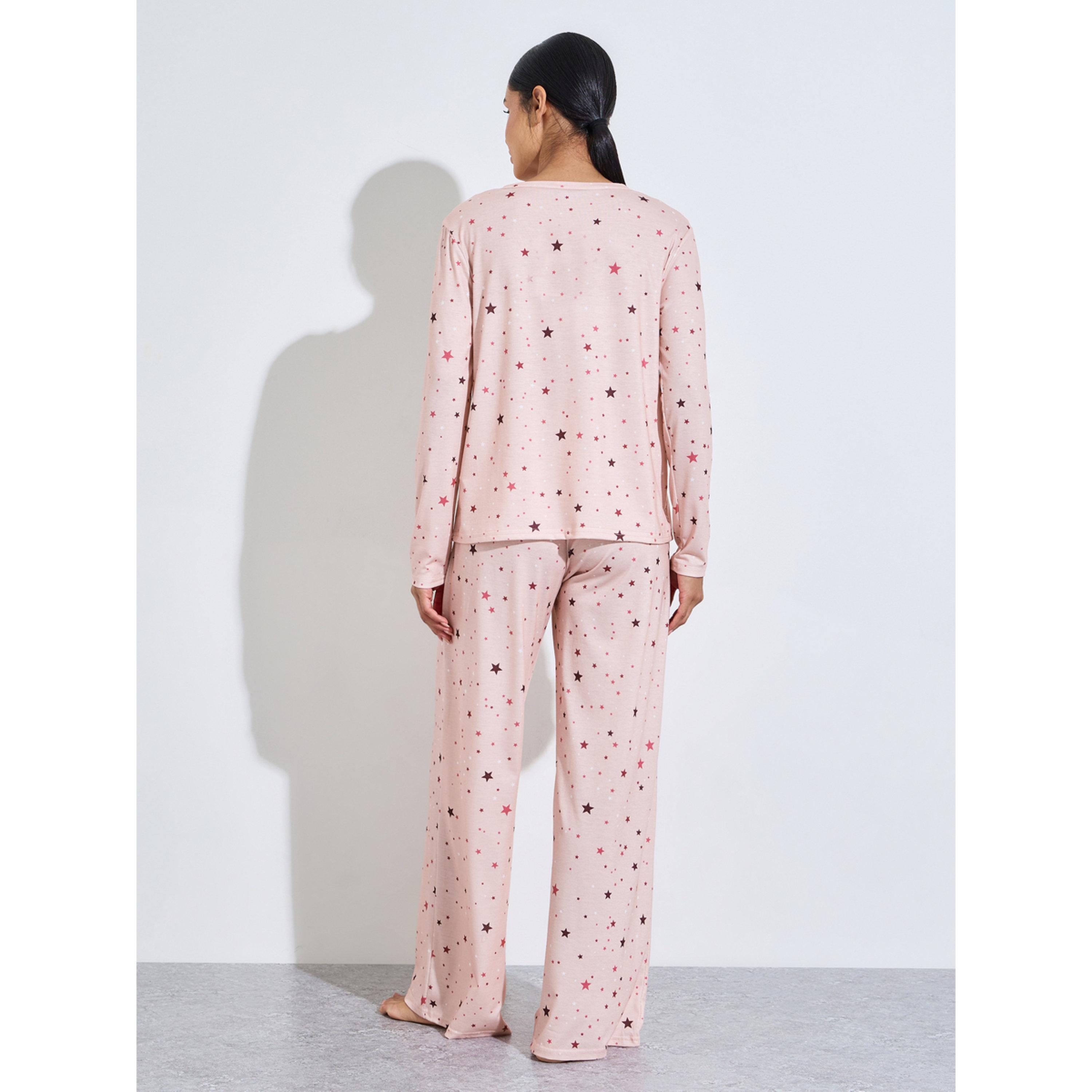 Styli Pink All over Star Print Long Sleeves T-Shirt and Pants Pyjama Set-women-clothing-nightwear-pyjamas-longsets-image-3