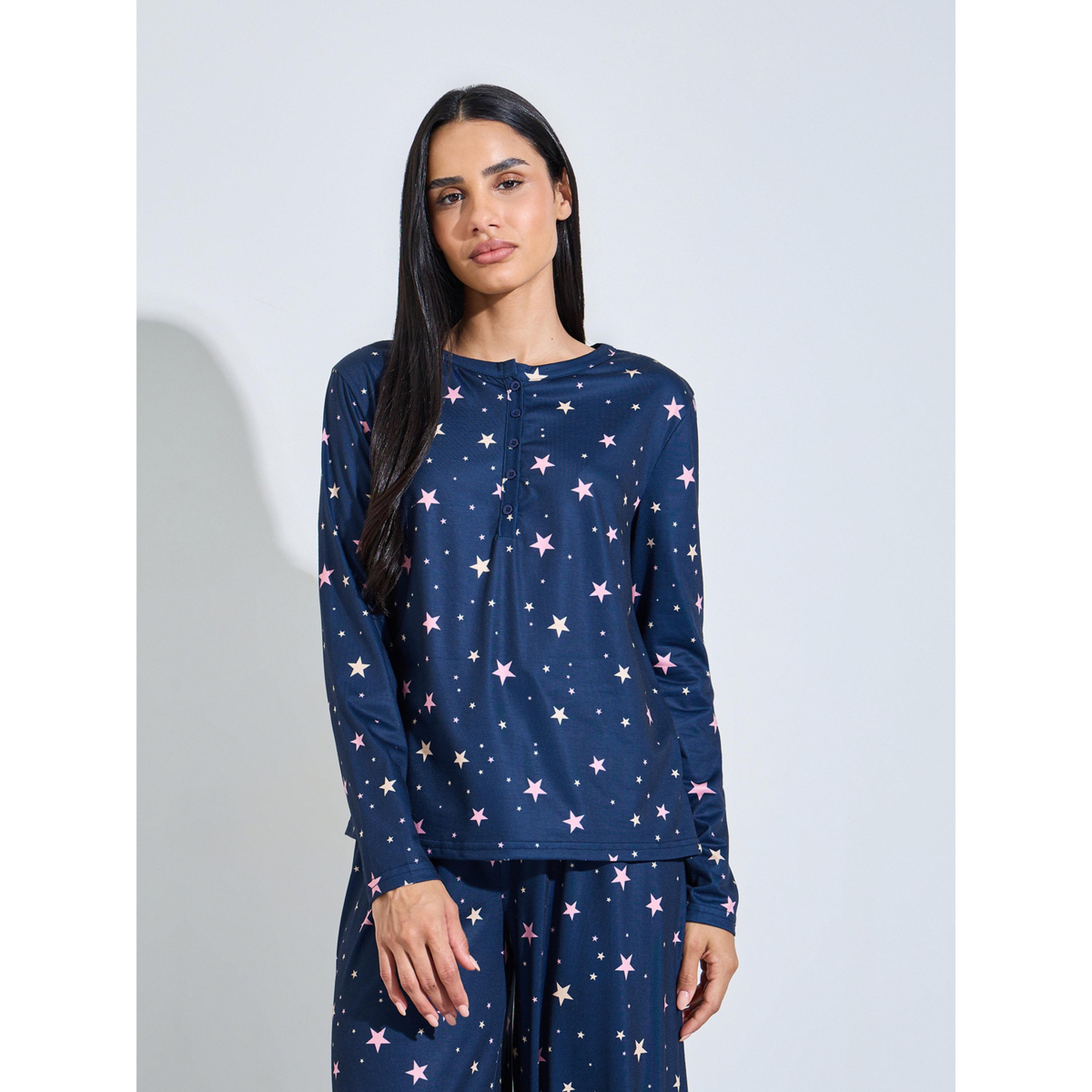 طقم بيجاما من بنطال وتيشيرت بأكمام طويلة وطبعة نجوم بالكامل لون كحلي-women-clothing-nightwear-pyjamas-longsets-image-2