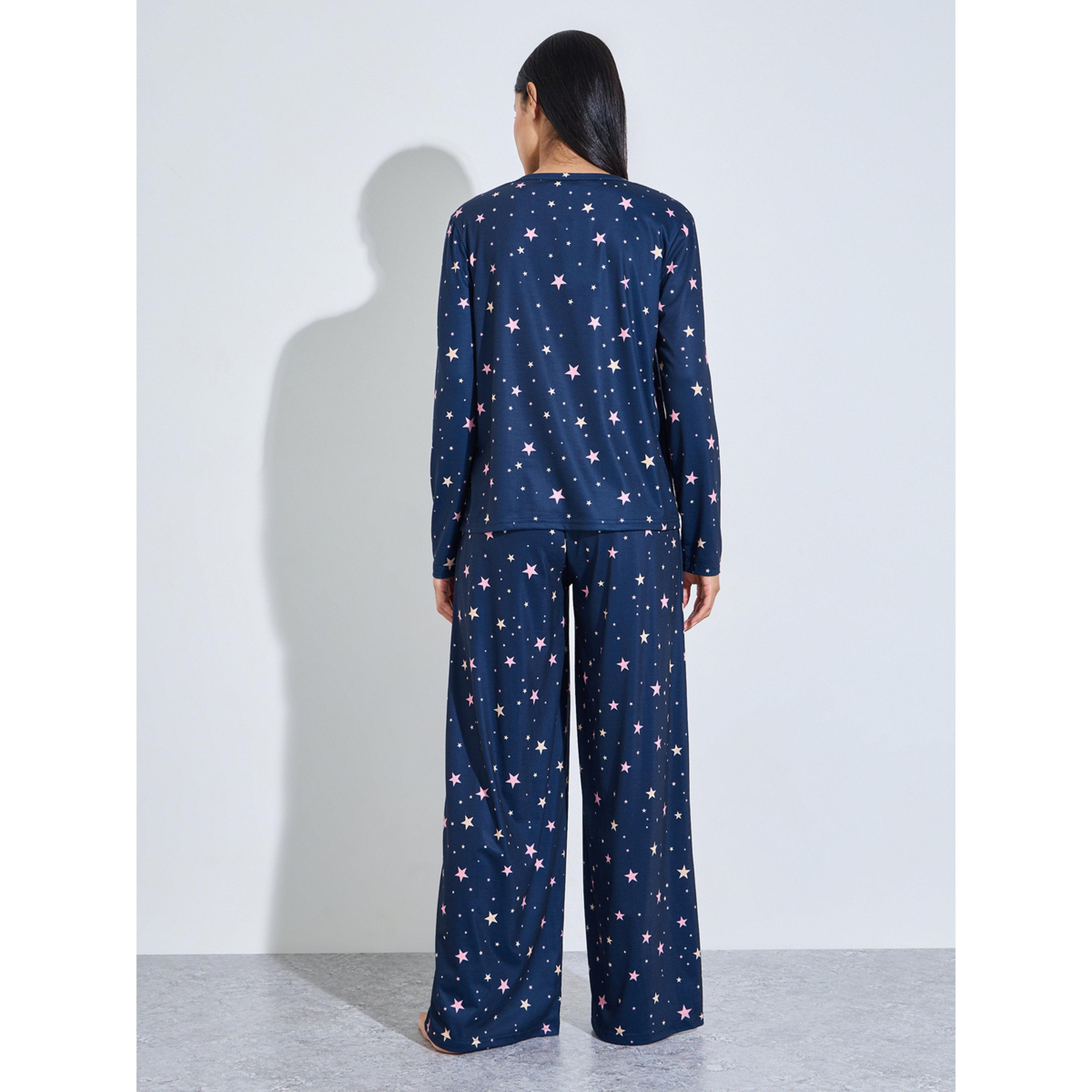 طقم بيجاما من بنطال وتيشيرت بأكمام طويلة وطبعة نجوم بالكامل لون كحلي-women-clothing-nightwear-pyjamas-longsets-image-3