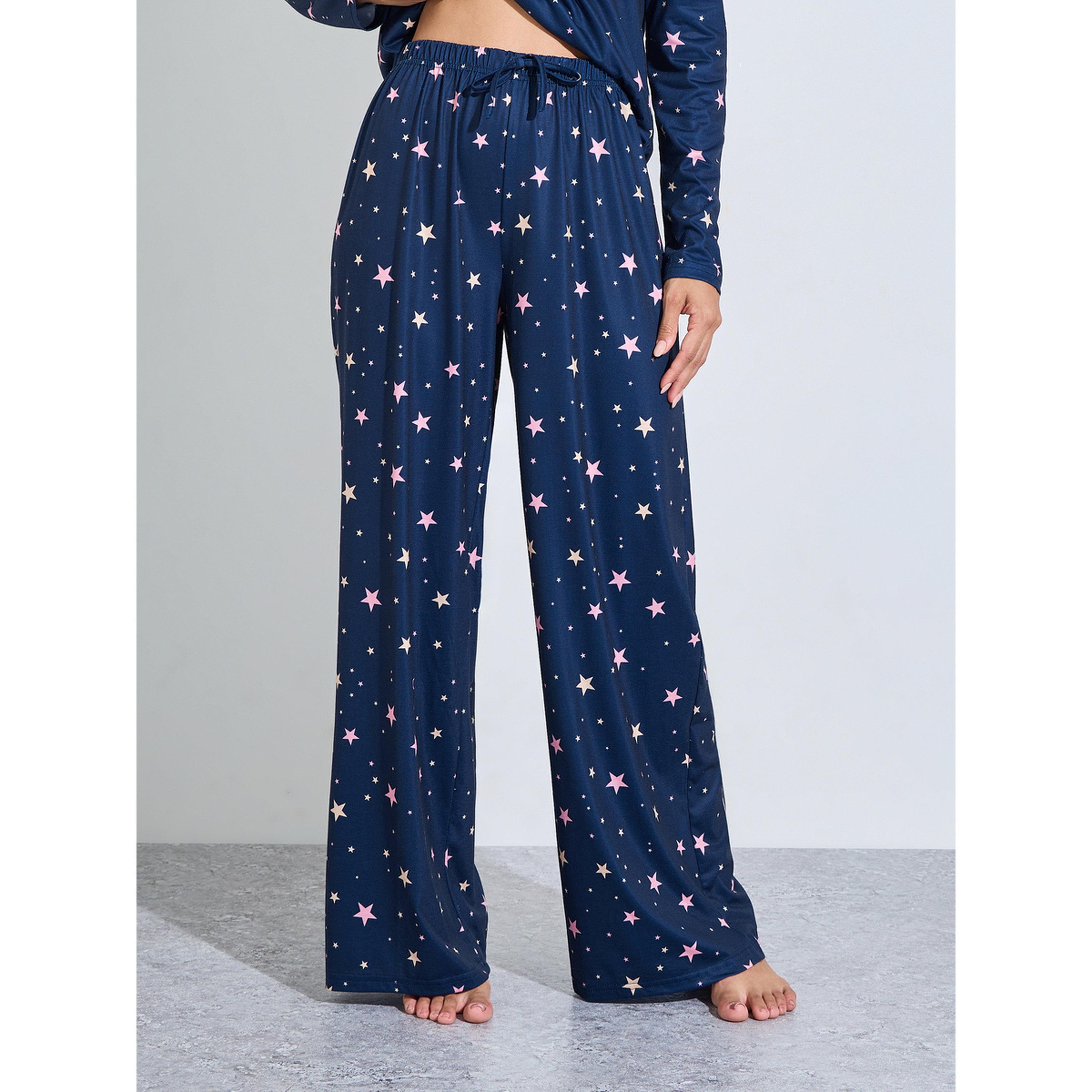 طقم بيجاما من بنطال وتيشيرت بأكمام طويلة وطبعة نجوم بالكامل لون كحلي-women-clothing-nightwear-pyjamas-longsets-image-4