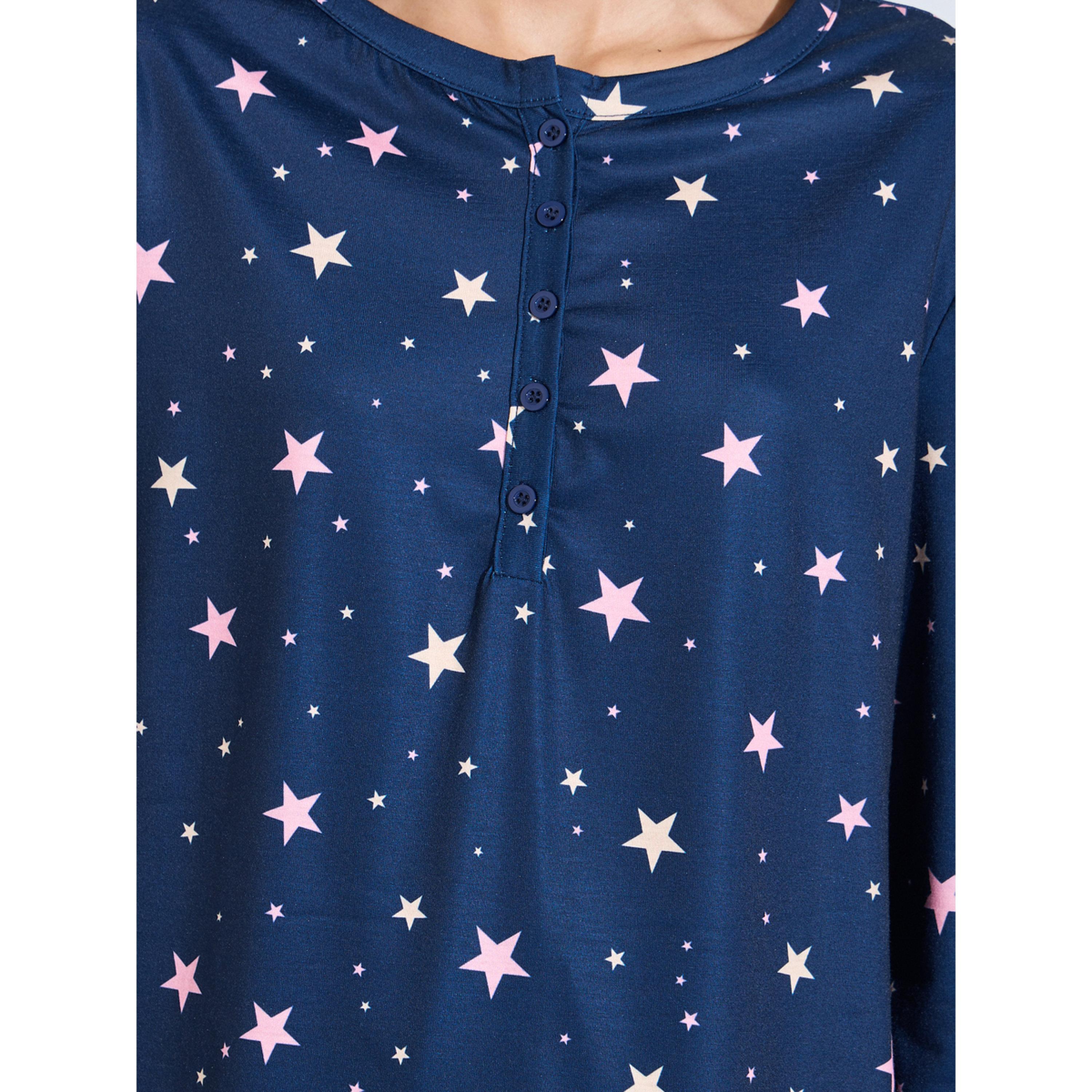 طقم بيجاما من بنطال وتيشيرت بأكمام طويلة وطبعة نجوم بالكامل لون كحلي-women-clothing-nightwear-pyjamas-longsets-image-5