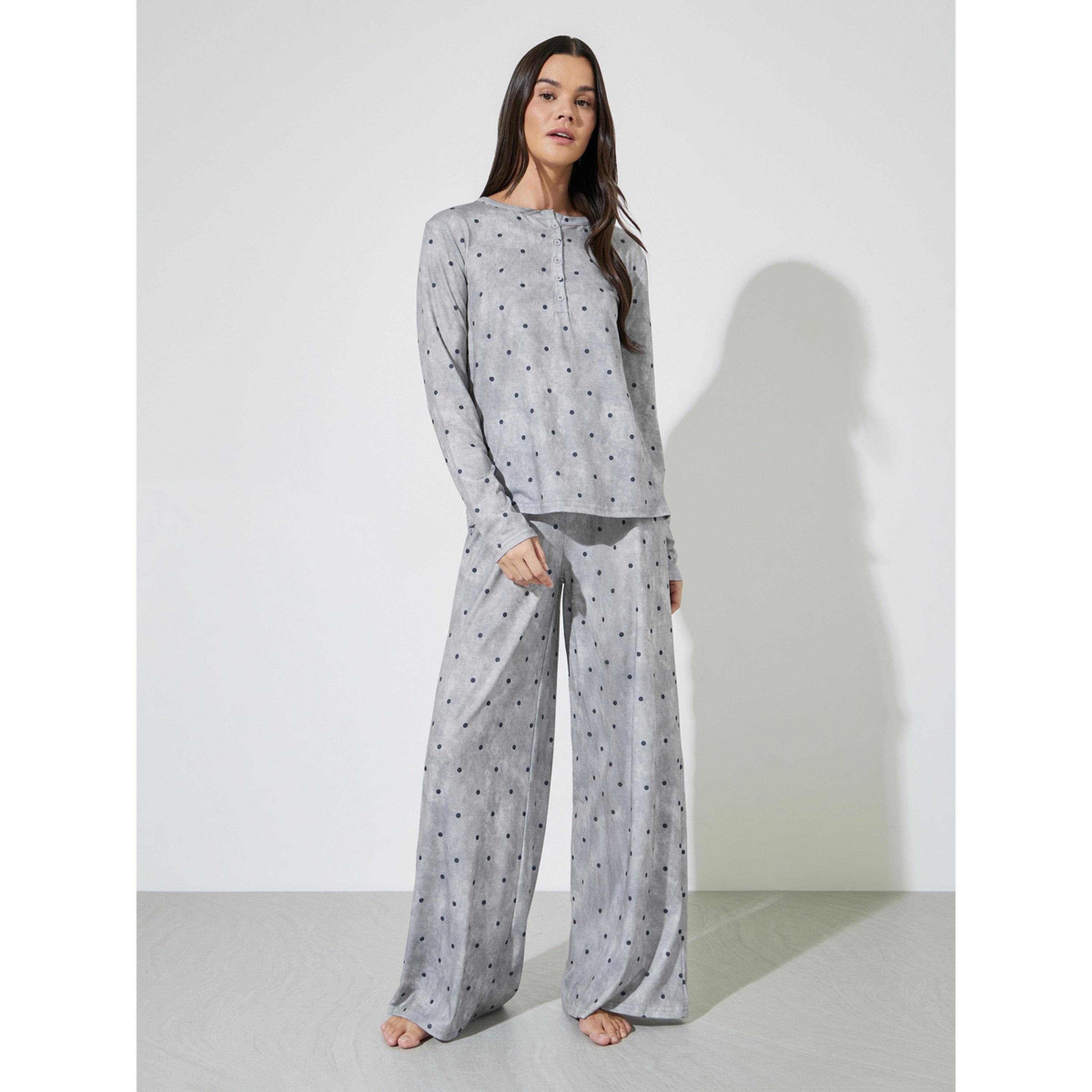 Styli Grey AOP Spot Round Neck Placket T-Shirt and Wide Leg Pyjama Set-women-clothing-nightwear-pyjamas-longsets-image-1