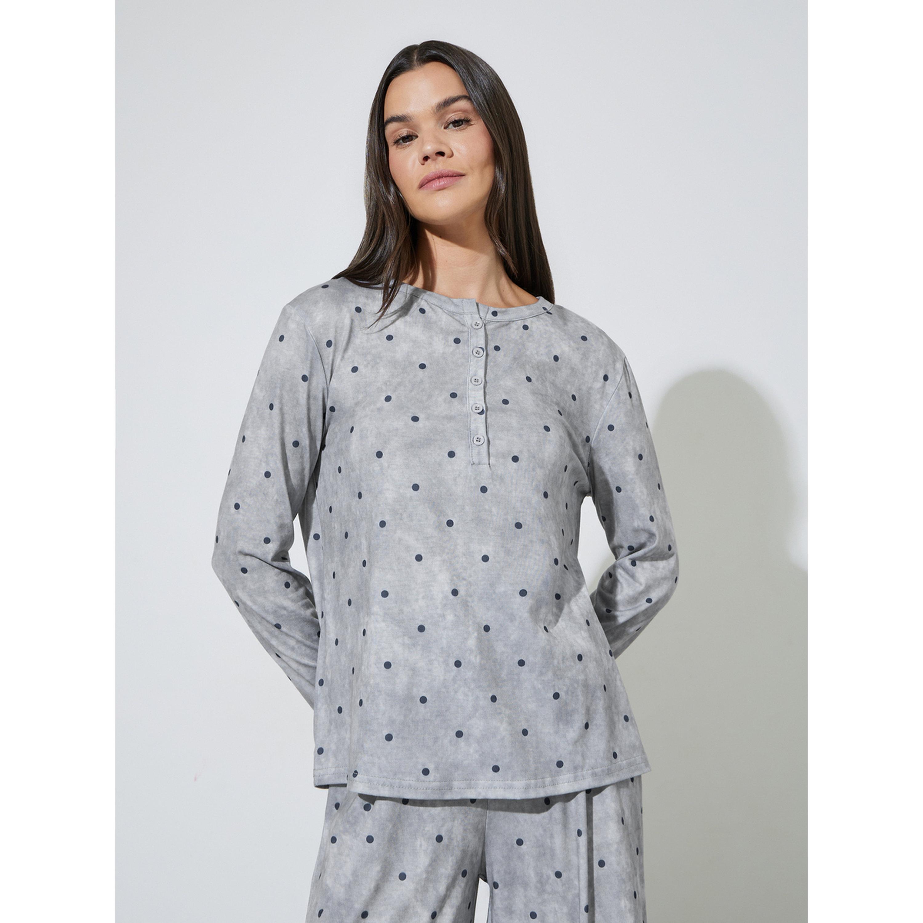 Styli Grey AOP Spot Round Neck Placket T-Shirt and Wide Leg Pyjama Set-women-clothing-nightwear-pyjamas-longsets-image-2