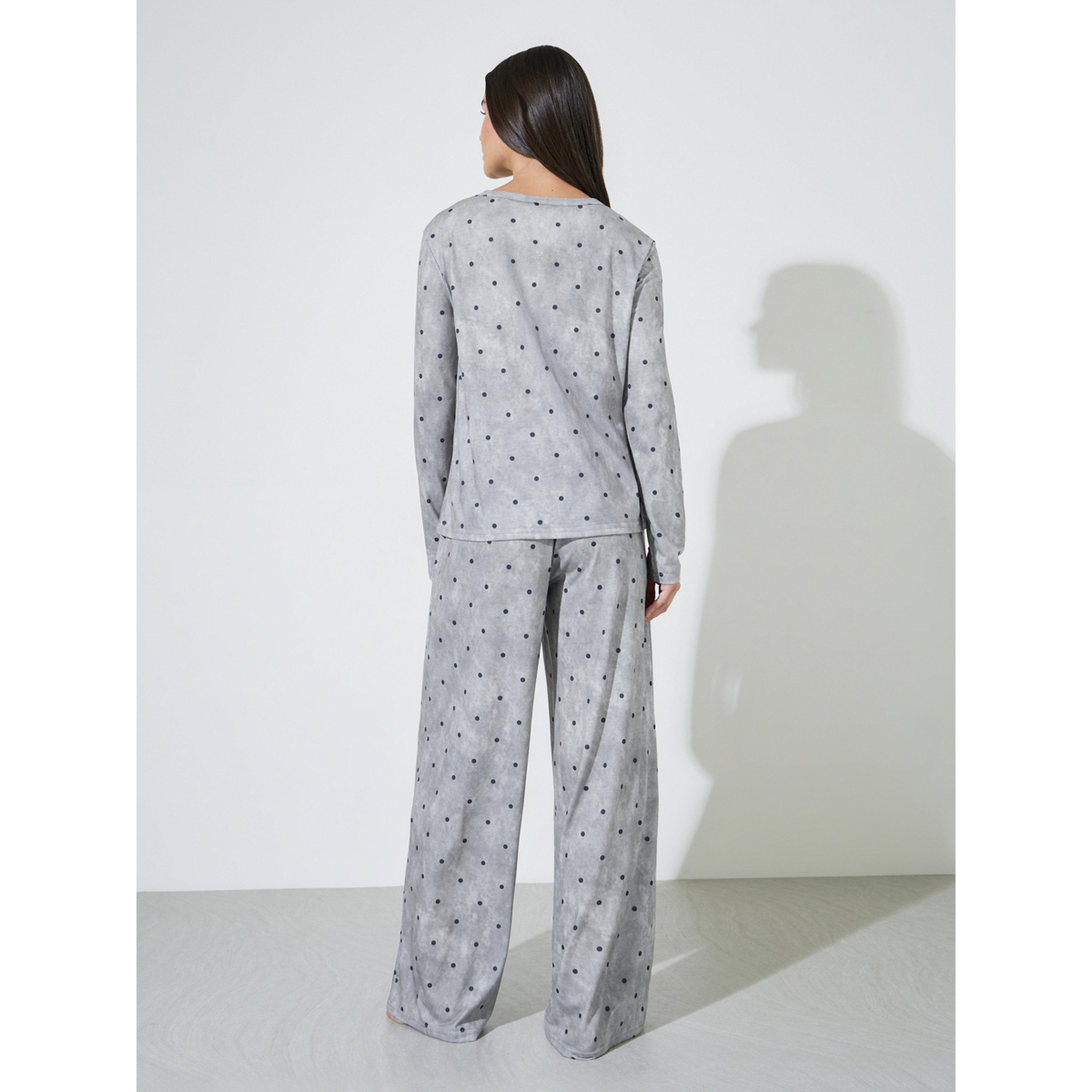 Styli Grey AOP Spot Round Neck Placket T-Shirt and Wide Leg Pyjama Set-women-clothing-nightwear-pyjamas-longsets-image-3