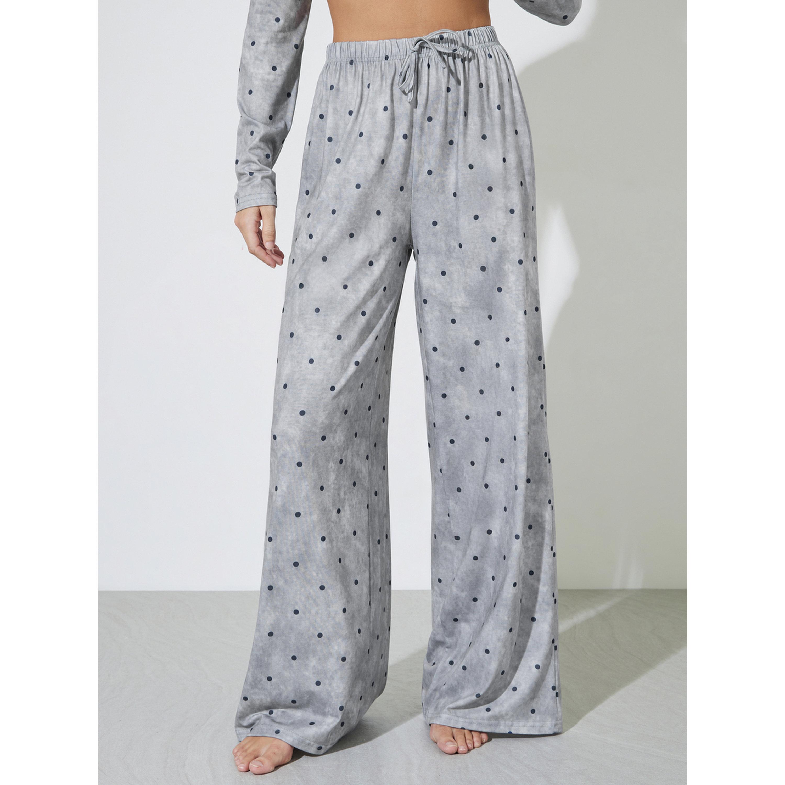 Styli Grey AOP Spot Round Neck Placket T-Shirt and Wide Leg Pyjama Set-women-clothing-nightwear-pyjamas-longsets-image-4