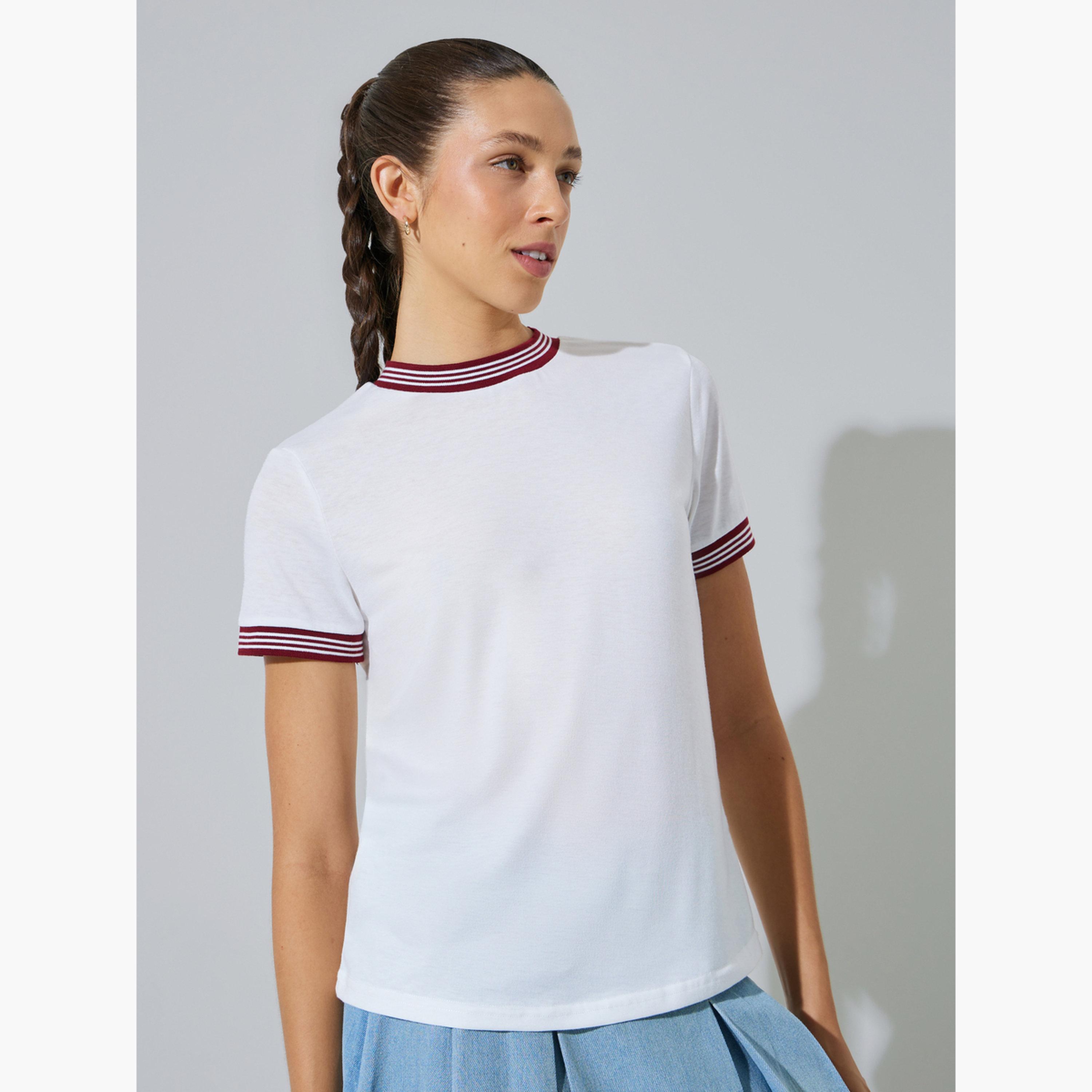 Styli White Round Neck T-Shirt with Striped Trim-women-clothing-tshirts-image-1
