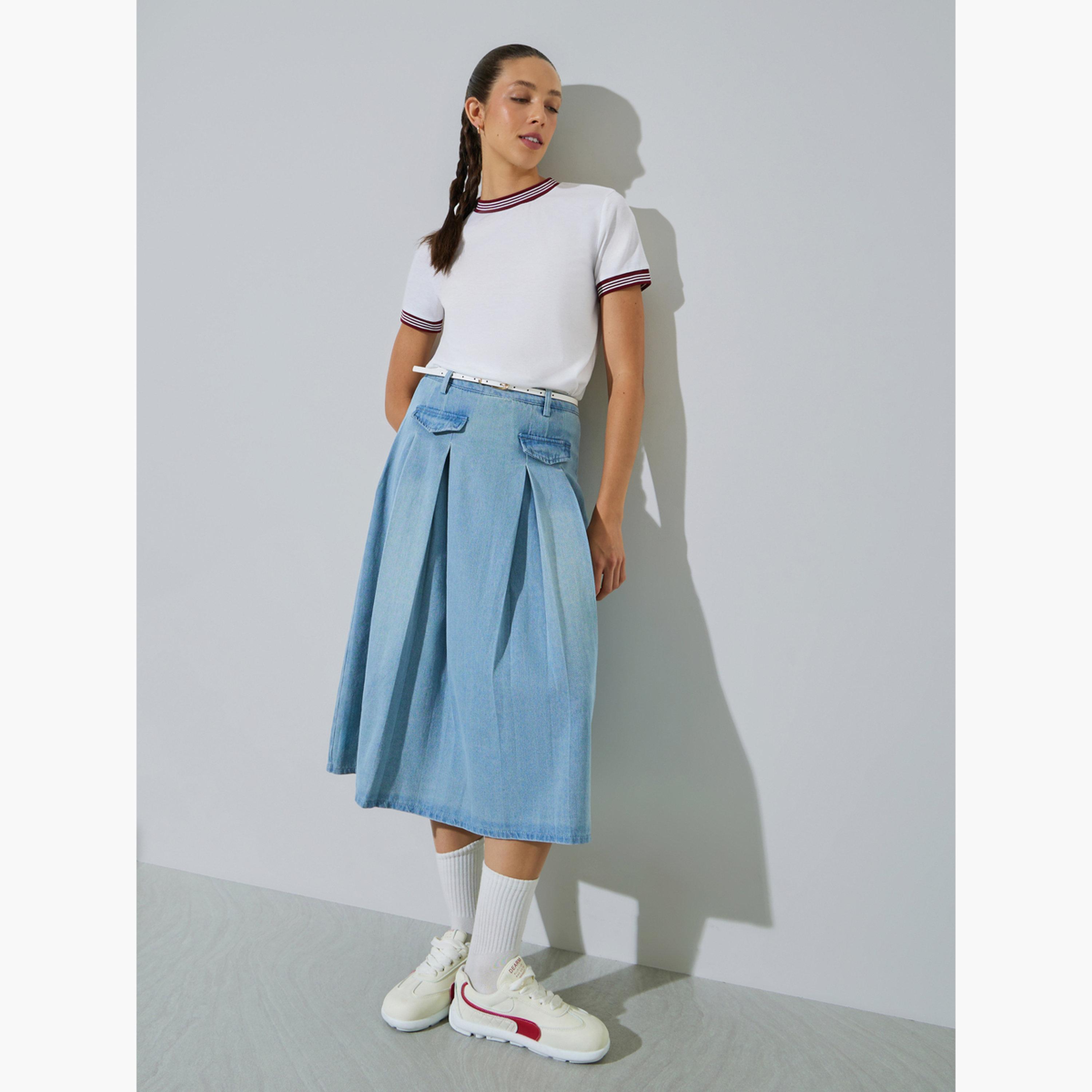Styli White Round Neck T-Shirt with Striped Trim-women-clothing-tshirts-image-2