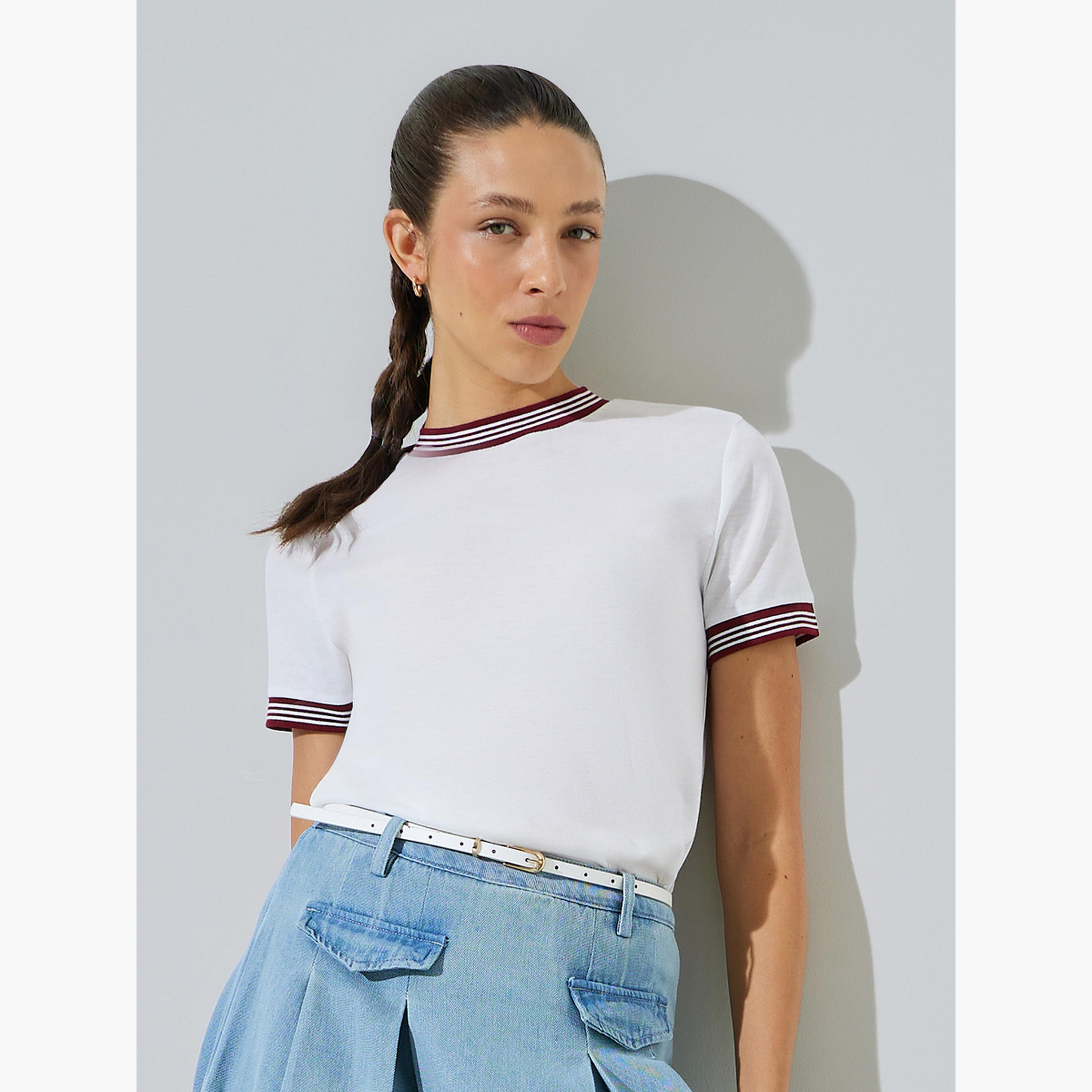 Styli White Round Neck T-Shirt with Striped Trim-women-clothing-tshirts-image-3