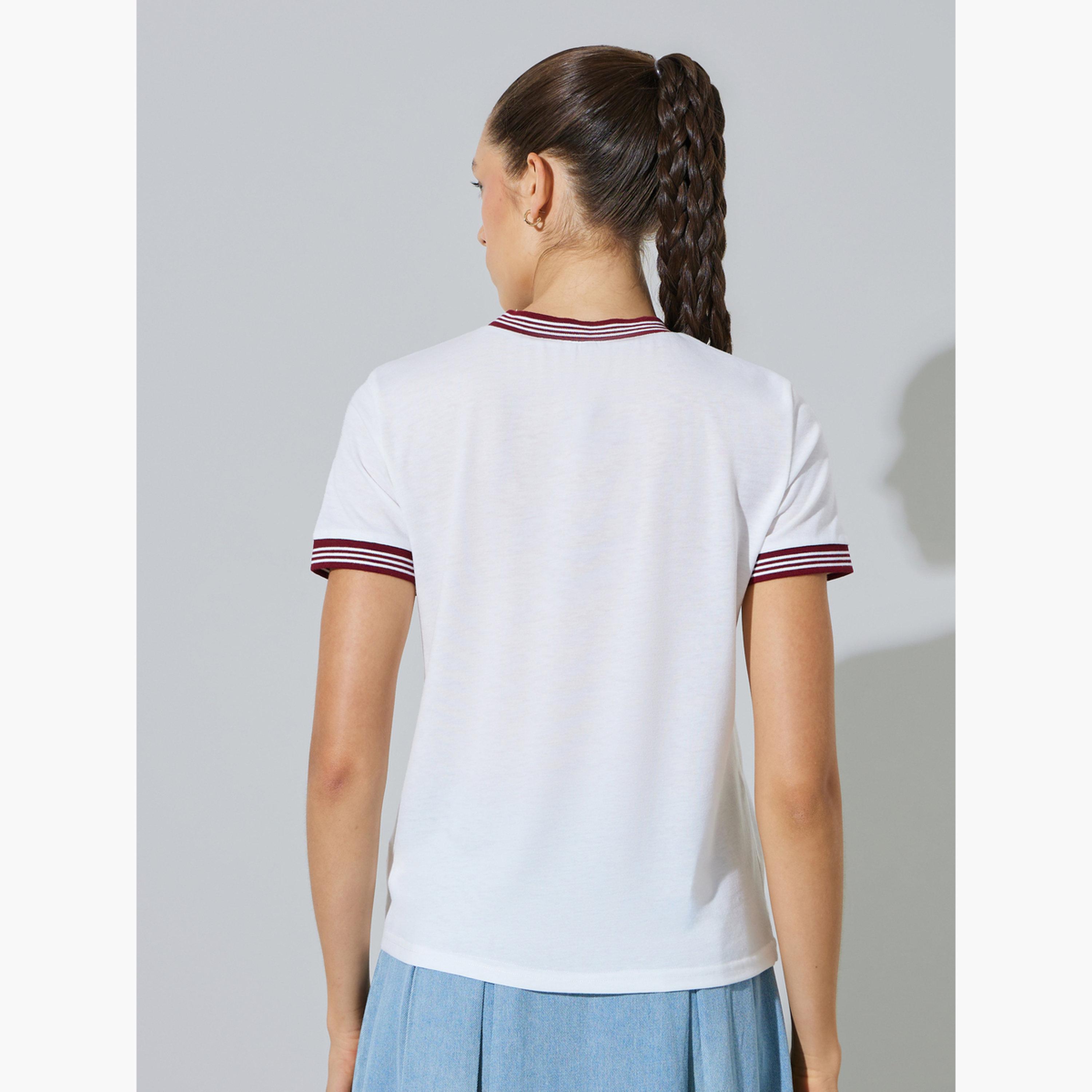 Styli White Round Neck T-Shirt with Striped Trim-women-clothing-tshirts-image-4