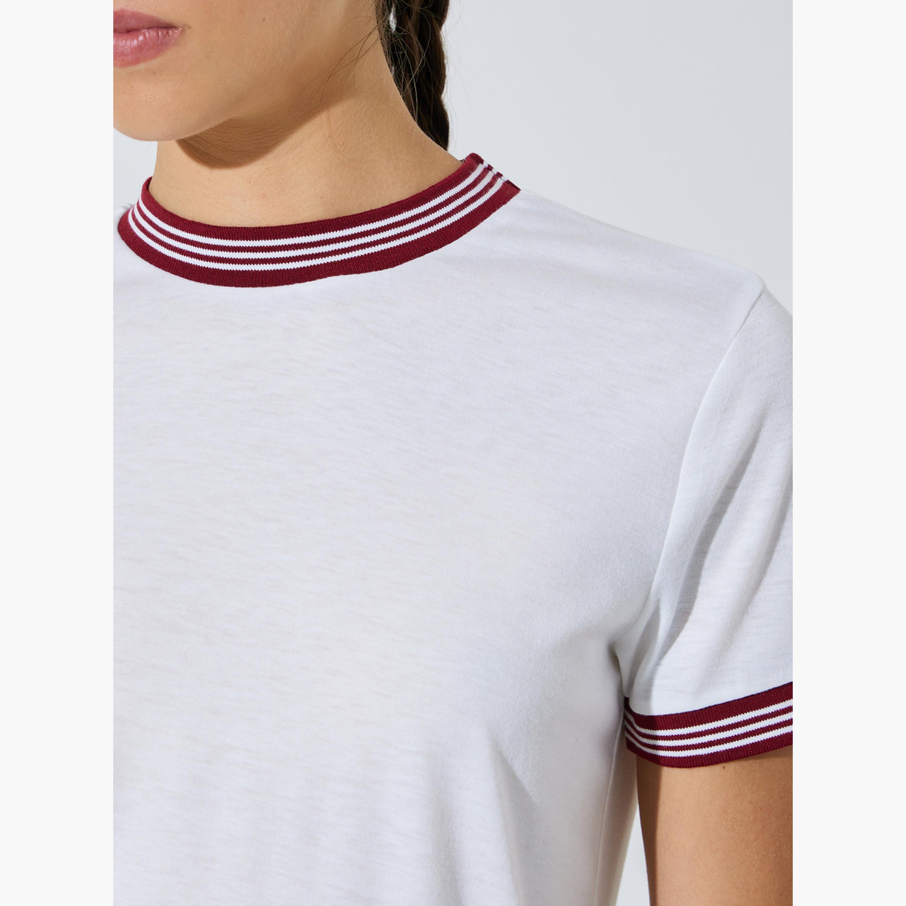 Styli White Round Neck T-Shirt with Striped Trim-women-clothing-tshirts-image-5