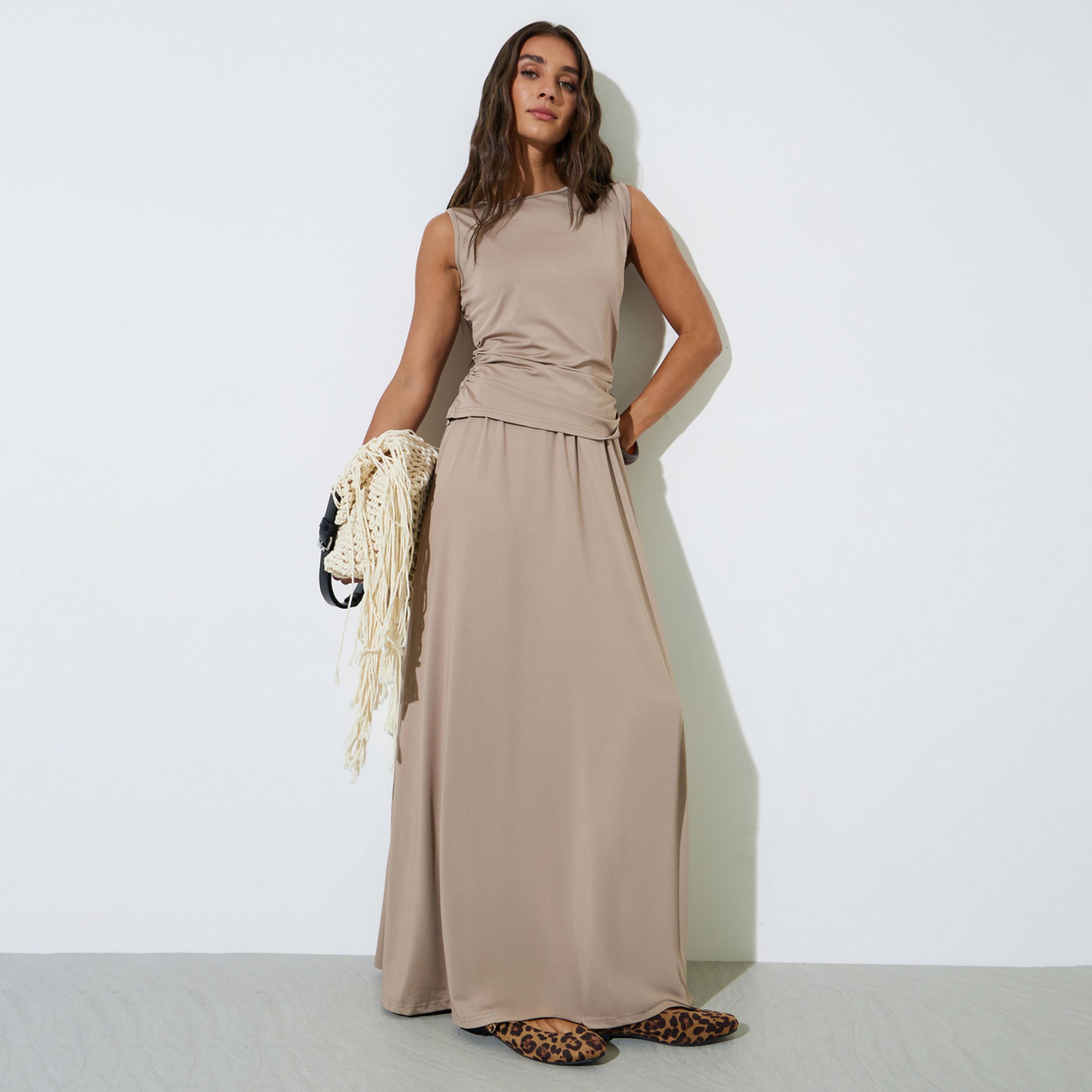 Styli Khaki Solid Knit Top and A-Line Maxi Skirt Co-Ords-women-clothing-coordsets-image-1