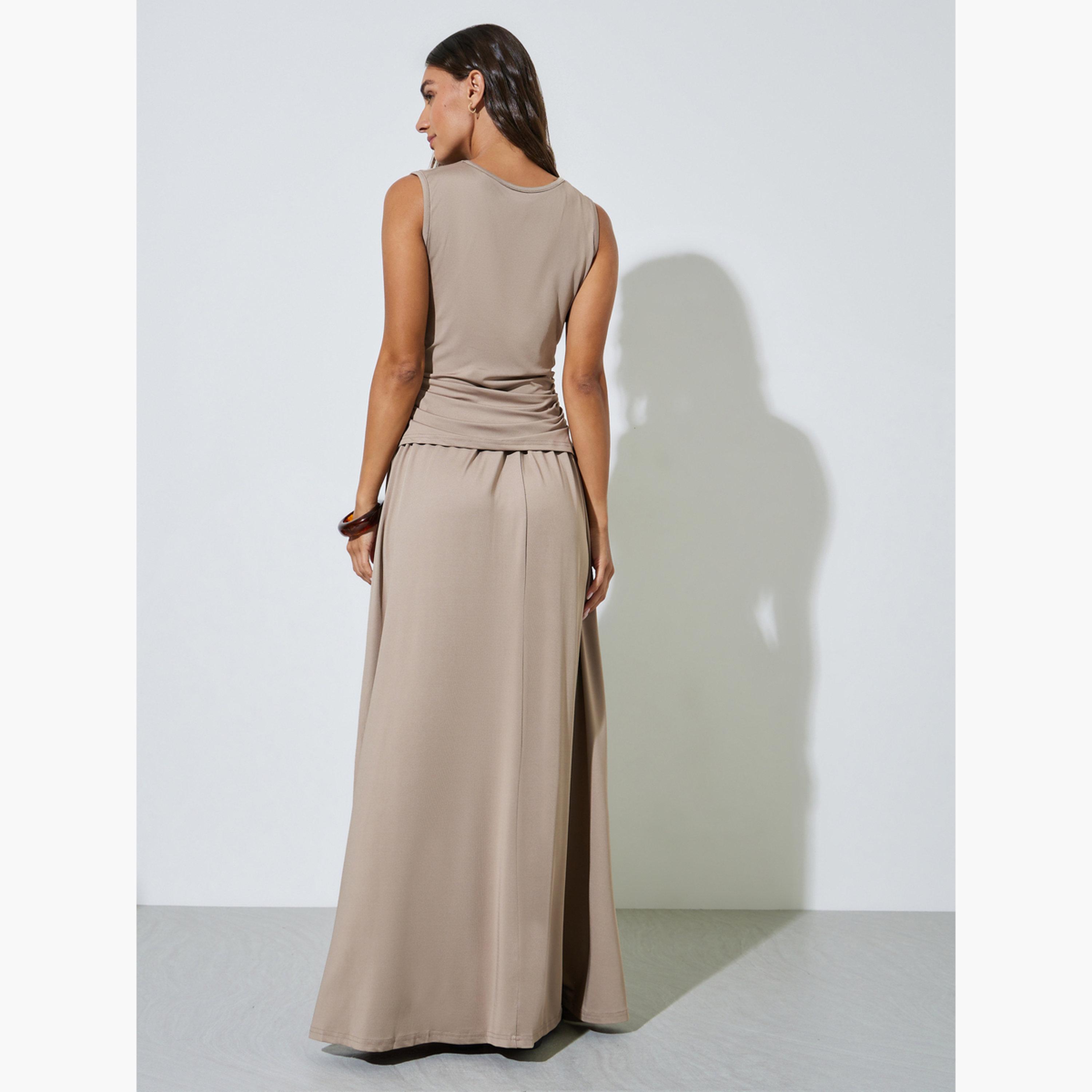 طقم منسق من تنورة طويلة بحافة واسعة وبلوزة محبوكة بلون سادة لون كاكي-women-clothing-coordsets-image-3
