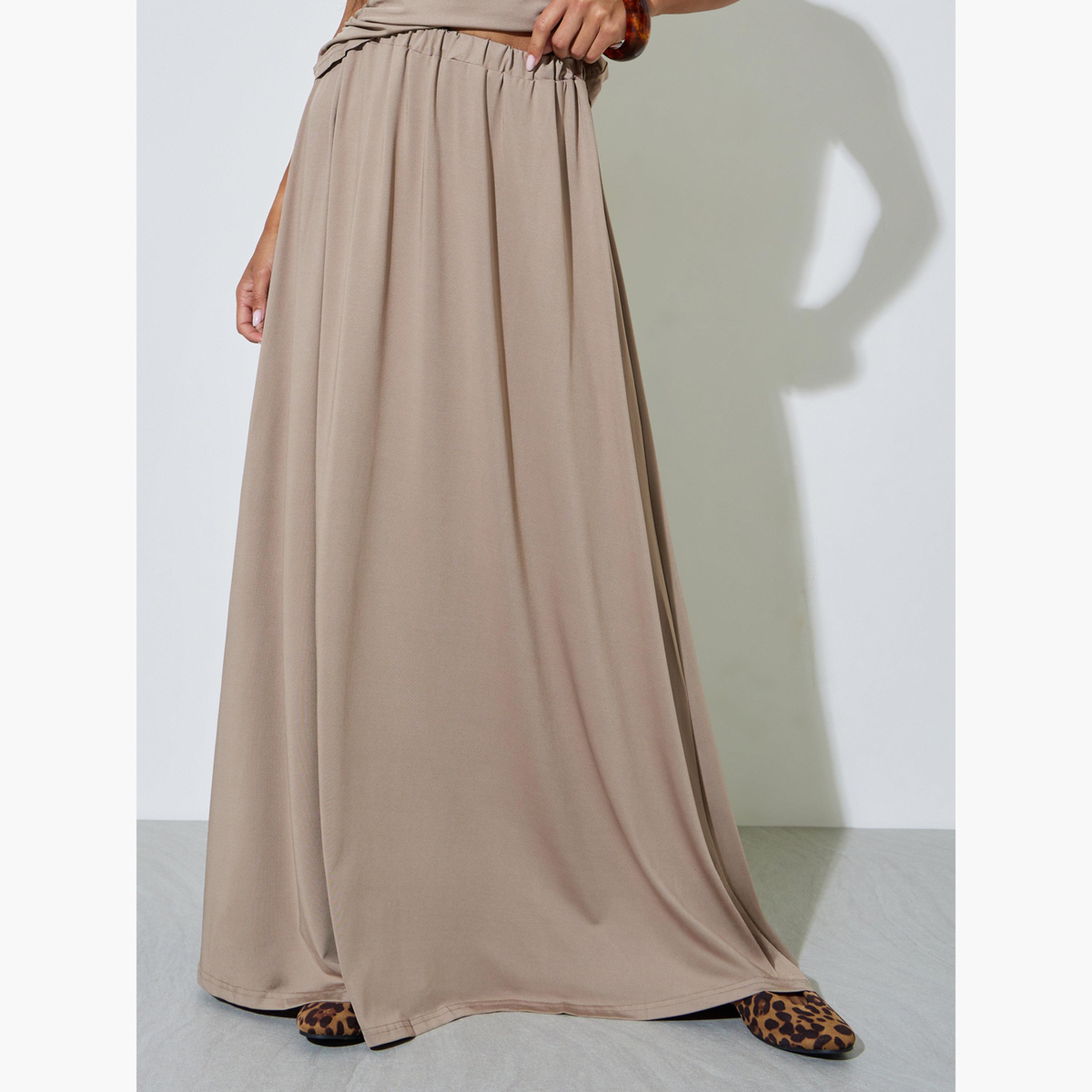 Styli Khaki Solid Knit Top and A-Line Maxi Skirt Co-Ords-women-clothing-coordsets-image-4