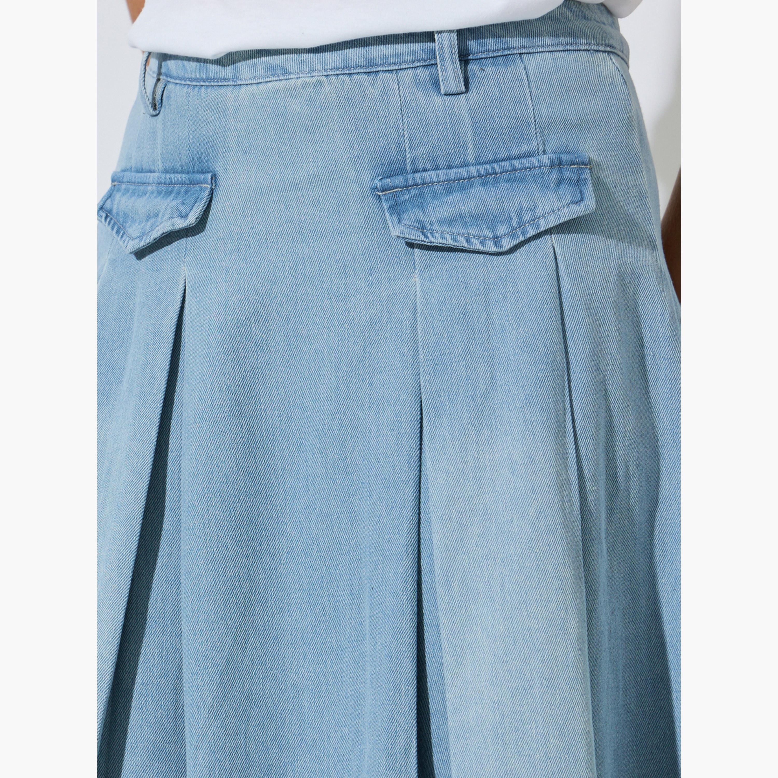 Styli Blue Denim Solid Pocket Decor A-Line Midi Skirt-women-clothing-bottoms-skirts-image-3