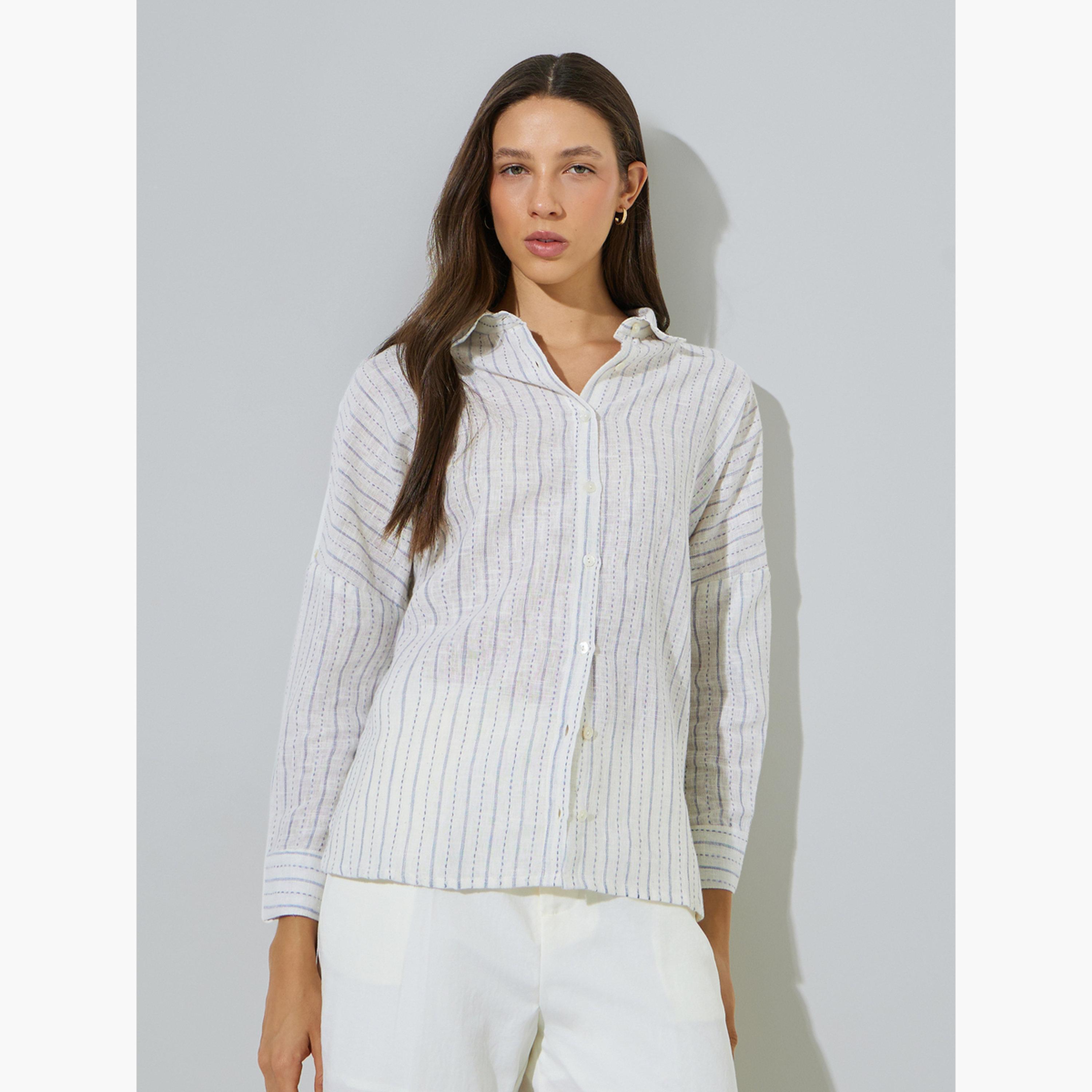 ستايلي - قميص قطني أبيض مخطط بقصة عادية-women-clothing-shirtsandblouses-shirts-image-1