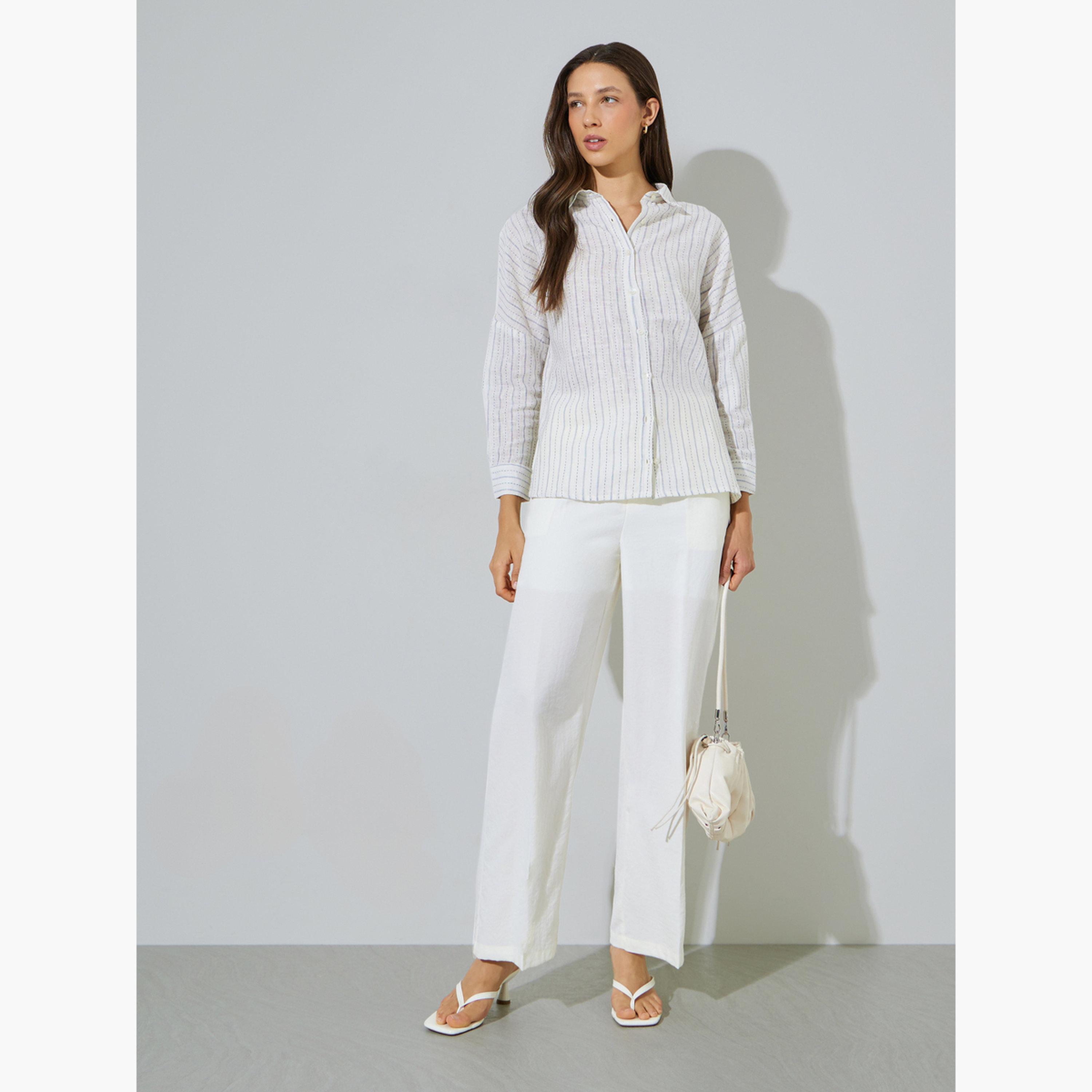 ستايلي - قميص قطني أبيض مخطط بقصة عادية-women-clothing-shirtsandblouses-shirts-image-2