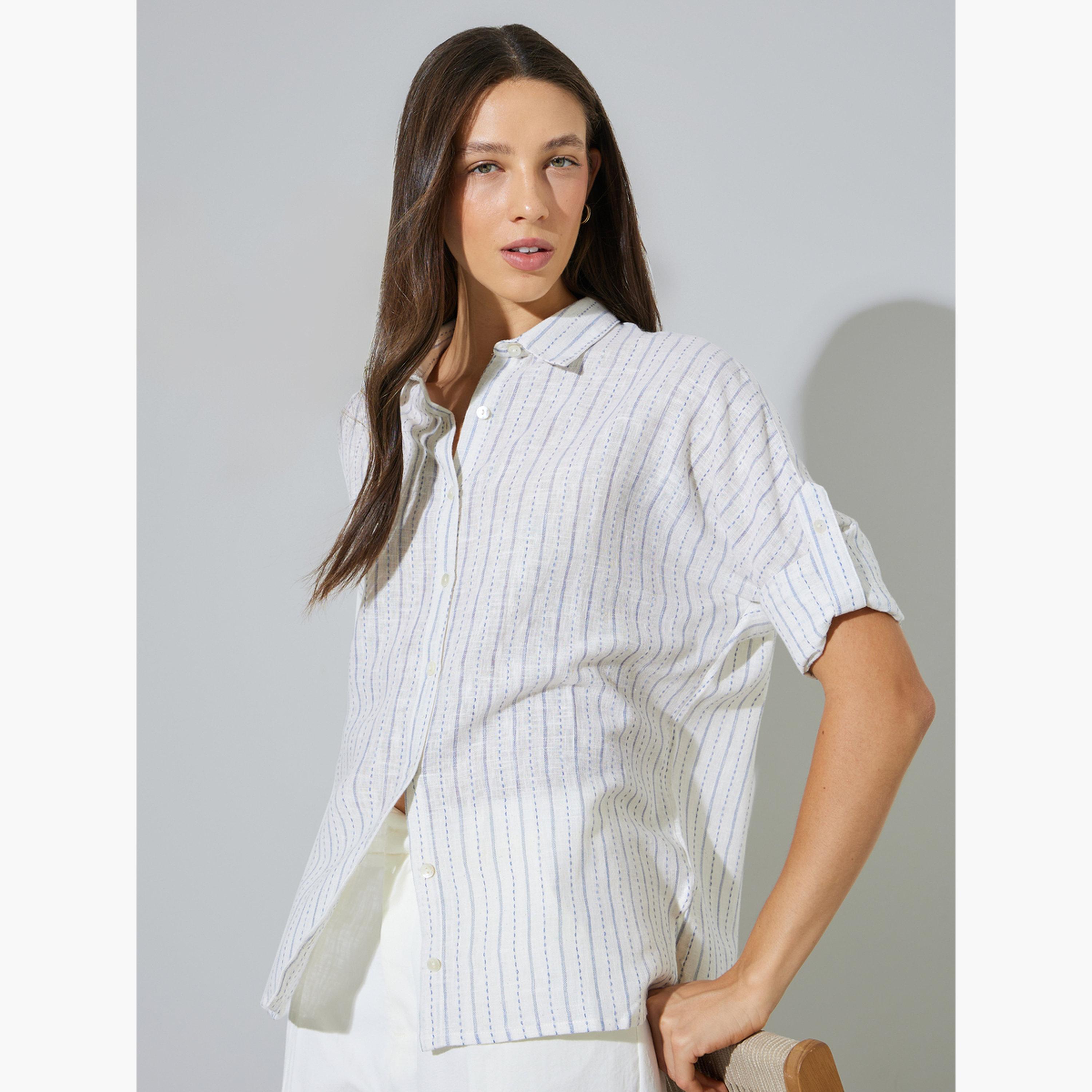 ستايلي - قميص قطني أبيض مخطط بقصة عادية-women-clothing-shirtsandblouses-shirts-image-3