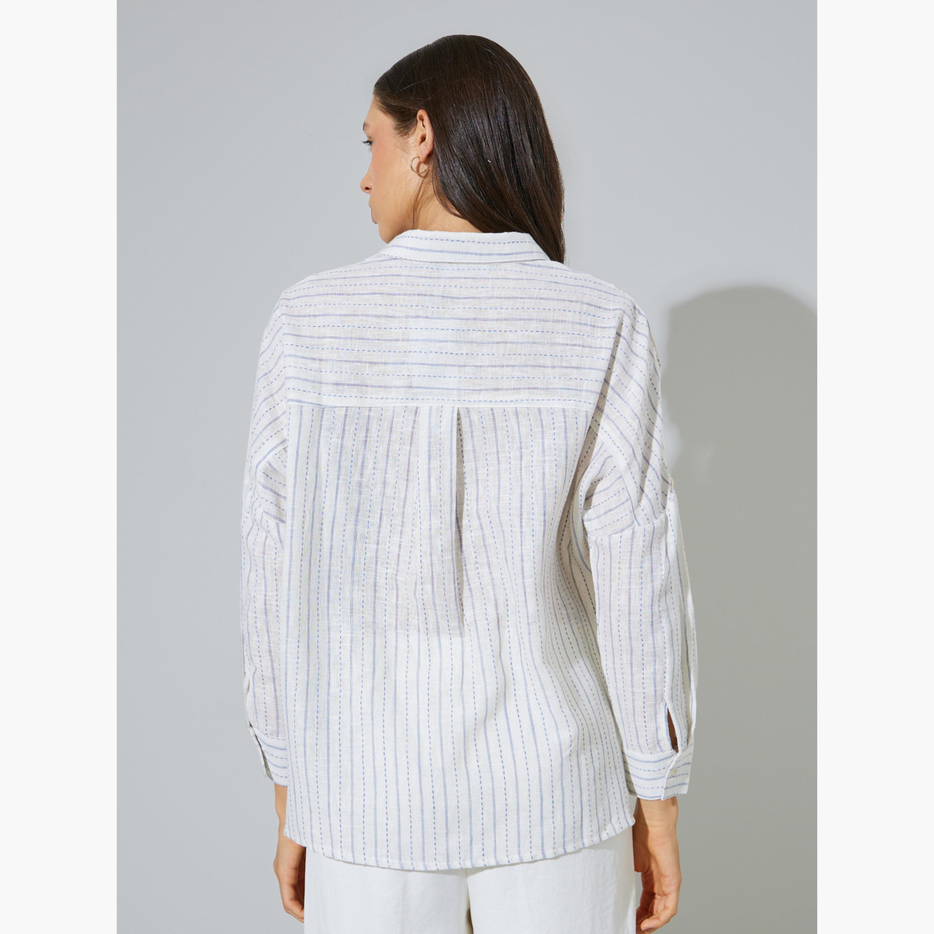 ستايلي - قميص قطني أبيض مخطط بقصة عادية-women-clothing-shirtsandblouses-shirts-image-4