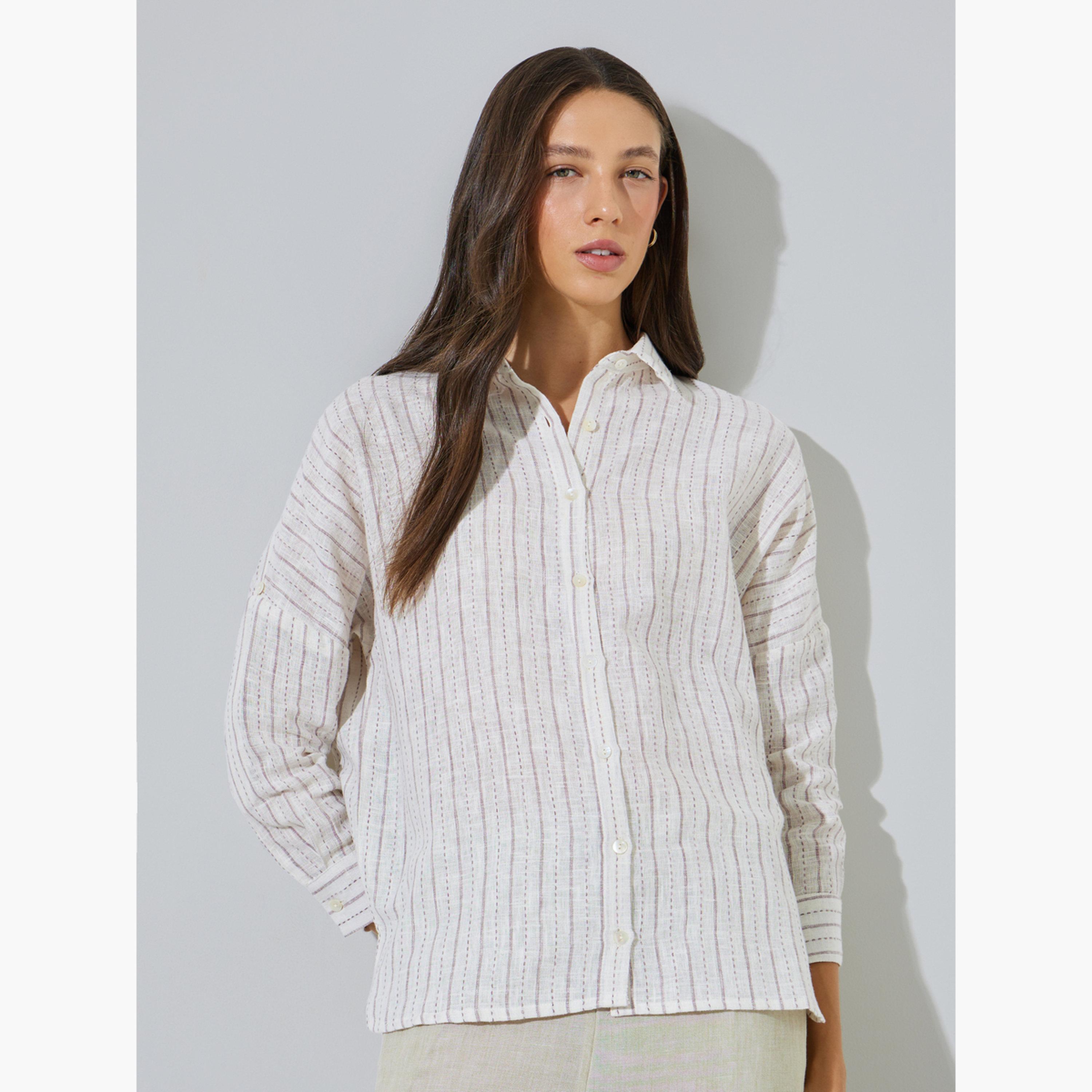 ستايلي - قميص قطني مخطط بلون أبيض كريمي، بقصة عادية-women-clothing-shirtsandblouses-shirts-image-1