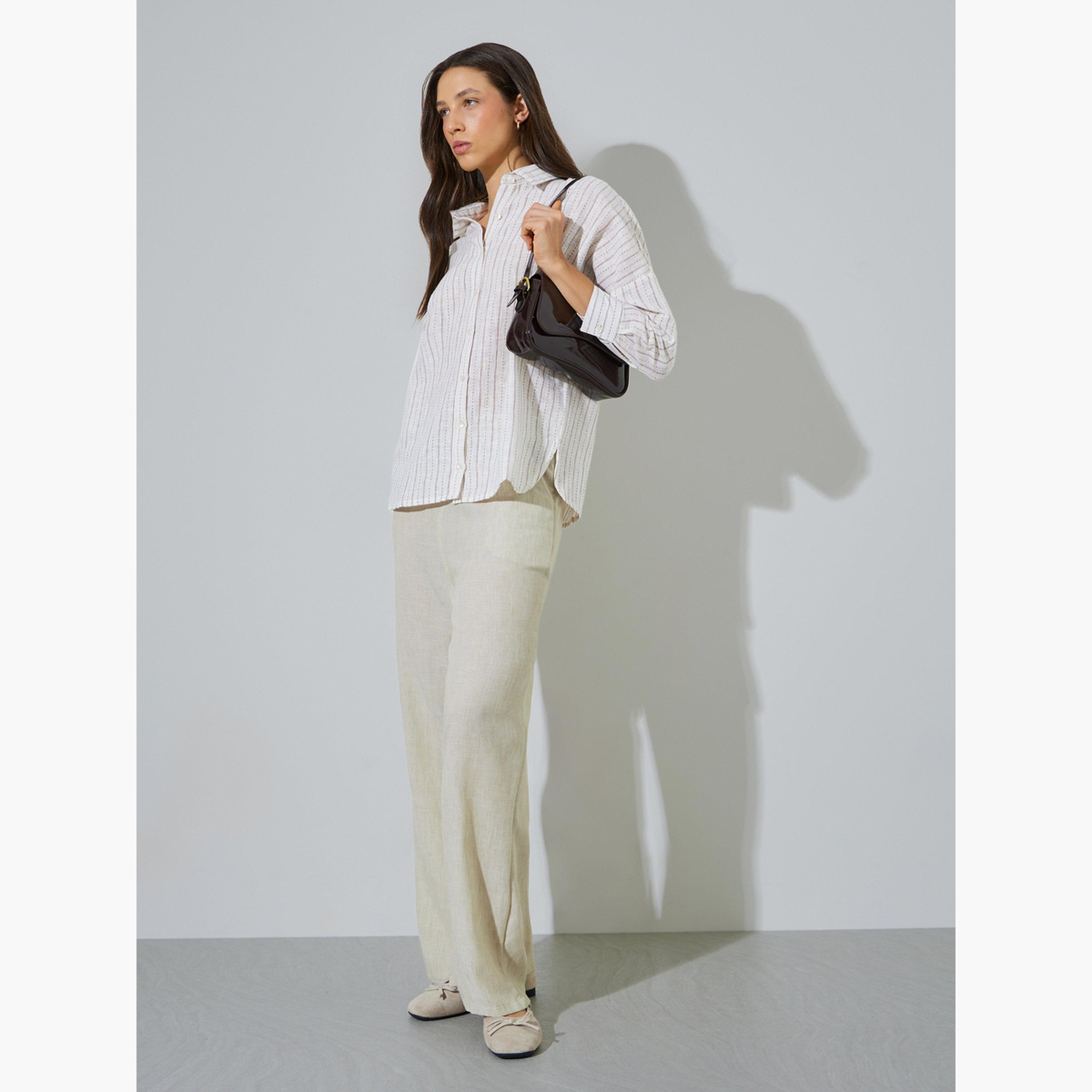 ستايلي - قميص قطني مخطط بلون أبيض كريمي، بقصة عادية-women-clothing-shirtsandblouses-shirts-image-2