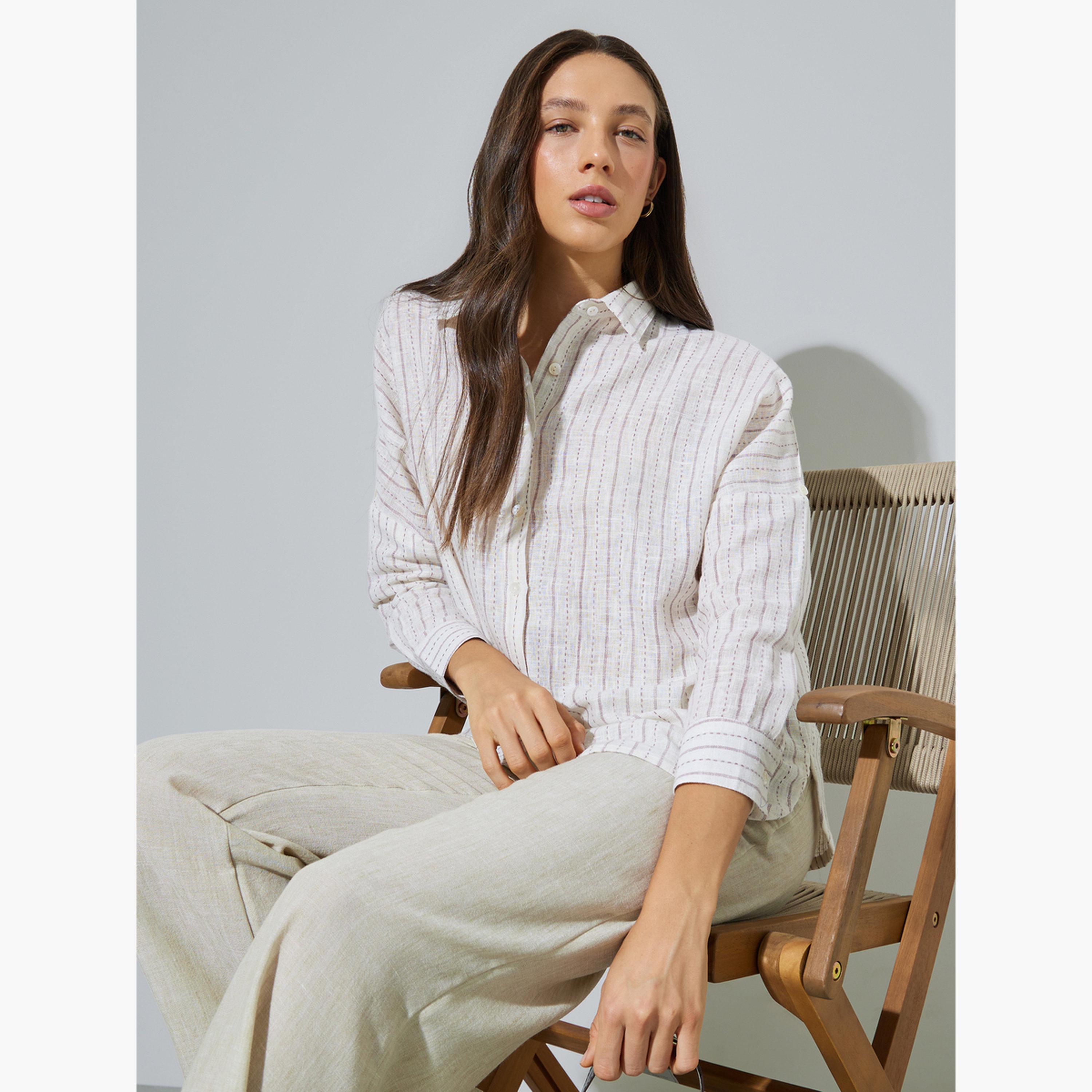 ستايلي - قميص قطني مخطط بلون أبيض كريمي، بقصة عادية-women-clothing-shirtsandblouses-shirts-image-3