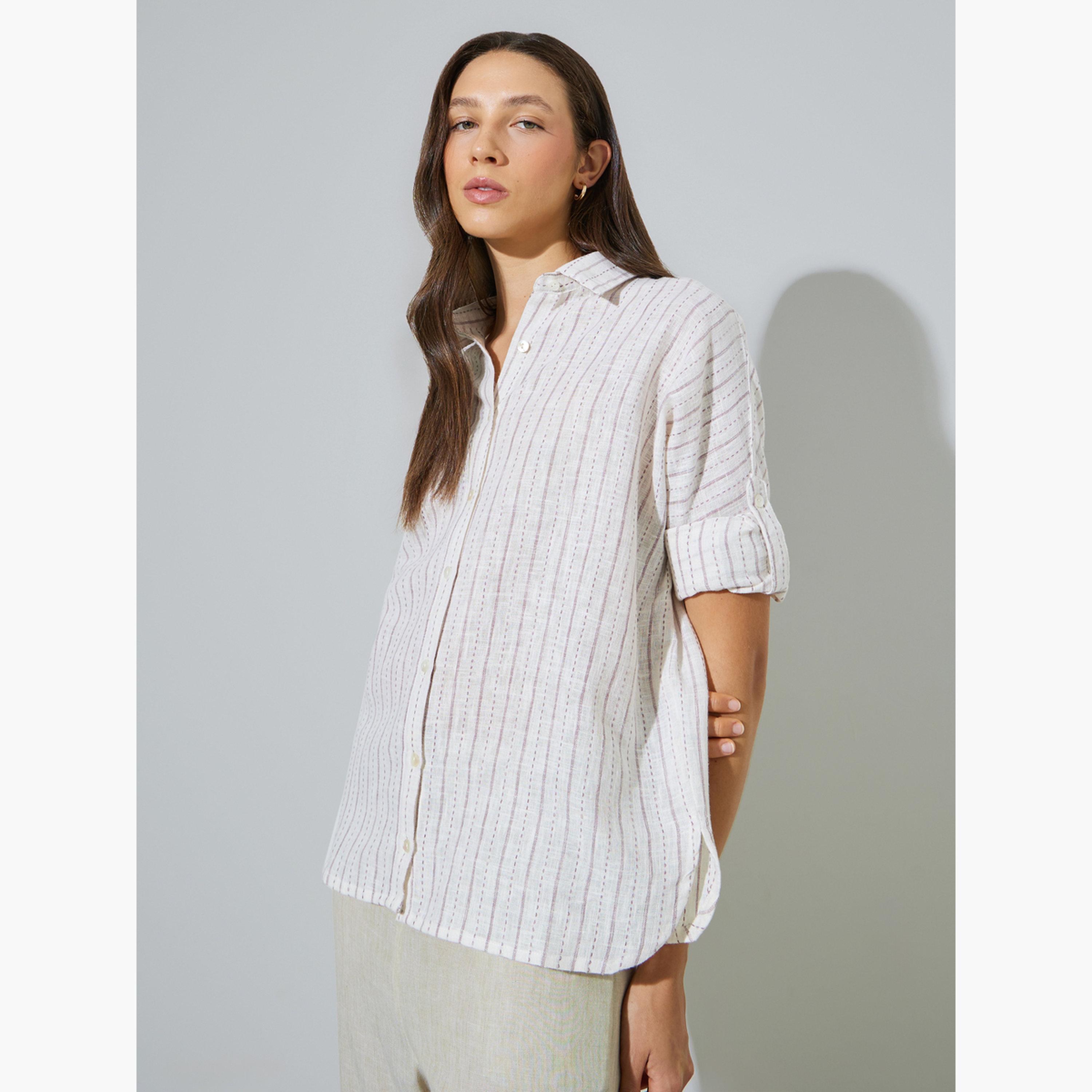 ستايلي - قميص قطني مخطط بلون أبيض كريمي، بقصة عادية-women-clothing-shirtsandblouses-shirts-image-4