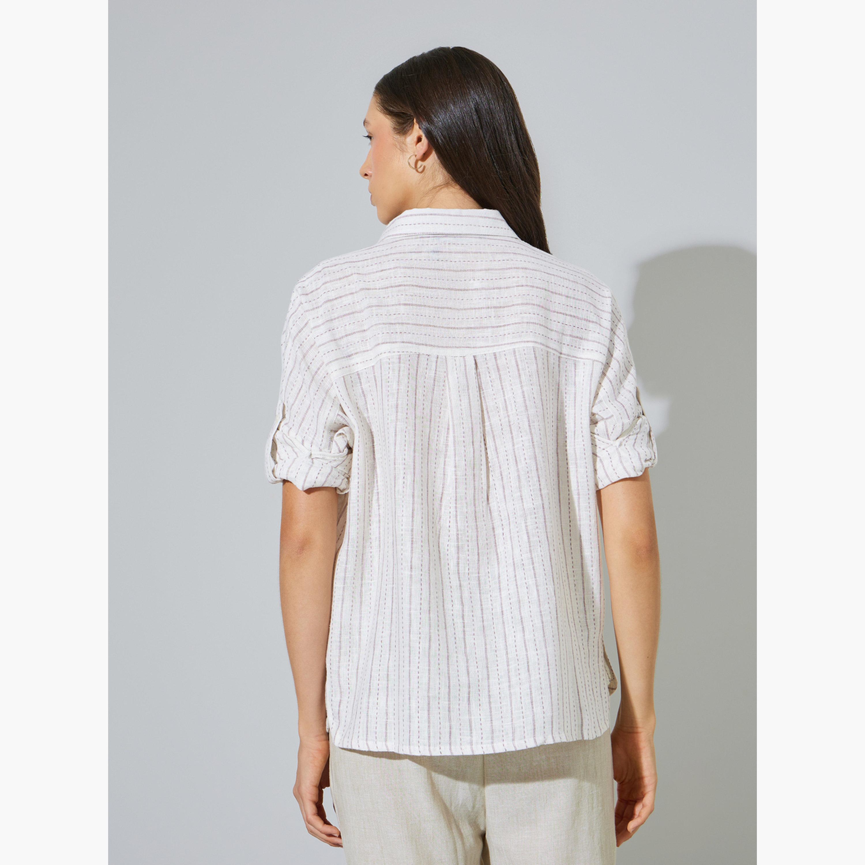 ستايلي - قميص قطني مخطط بلون أبيض كريمي، بقصة عادية-women-clothing-shirtsandblouses-shirts-image-5