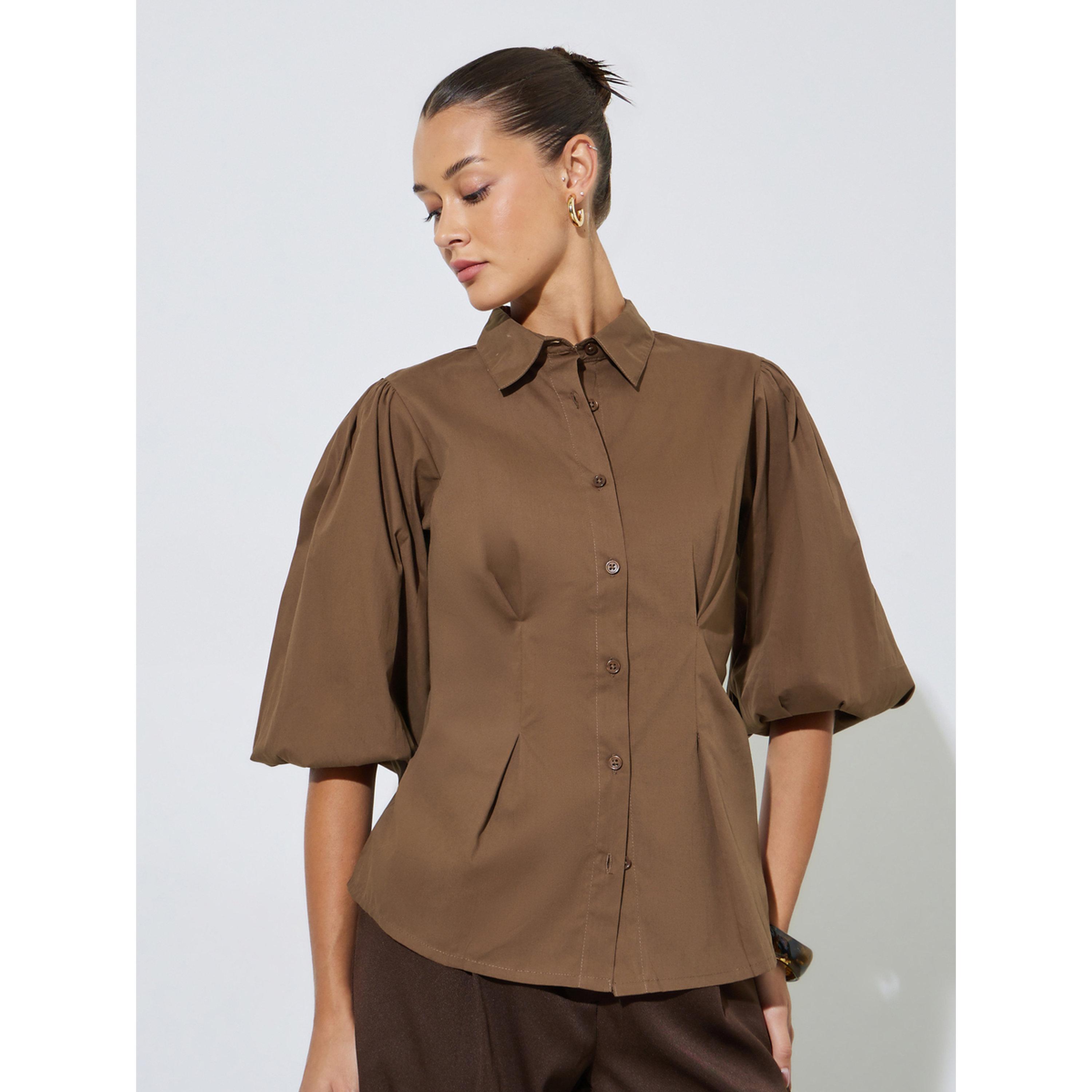 Styli Brown Solid Puff Sleeves Peplum Shirt with Gathered Details-women-clothing-shirtsandblouses-shirts-image-1