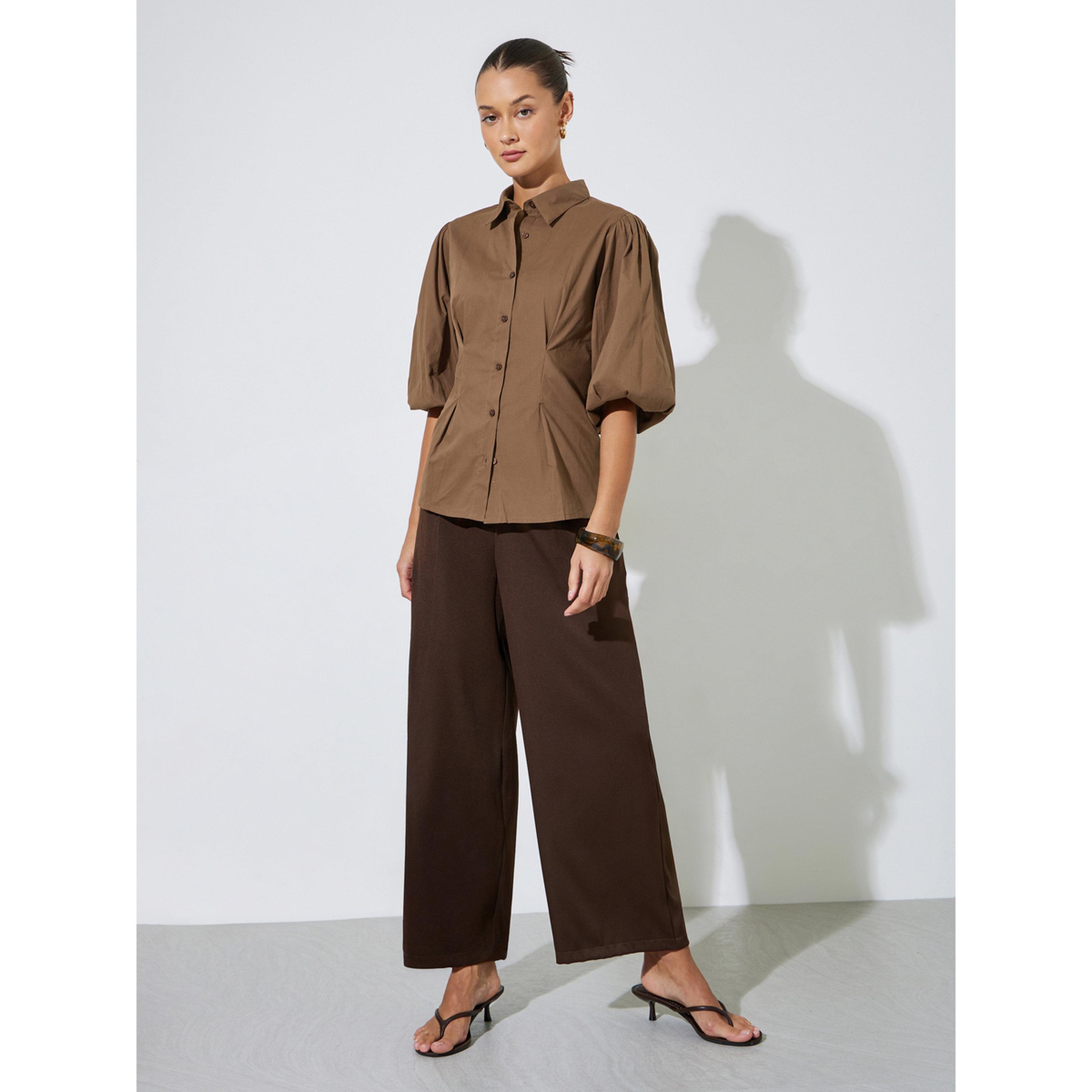 Styli Brown Solid Puff Sleeves Peplum Shirt with Gathered Details-women-clothing-shirtsandblouses-shirts-image-2