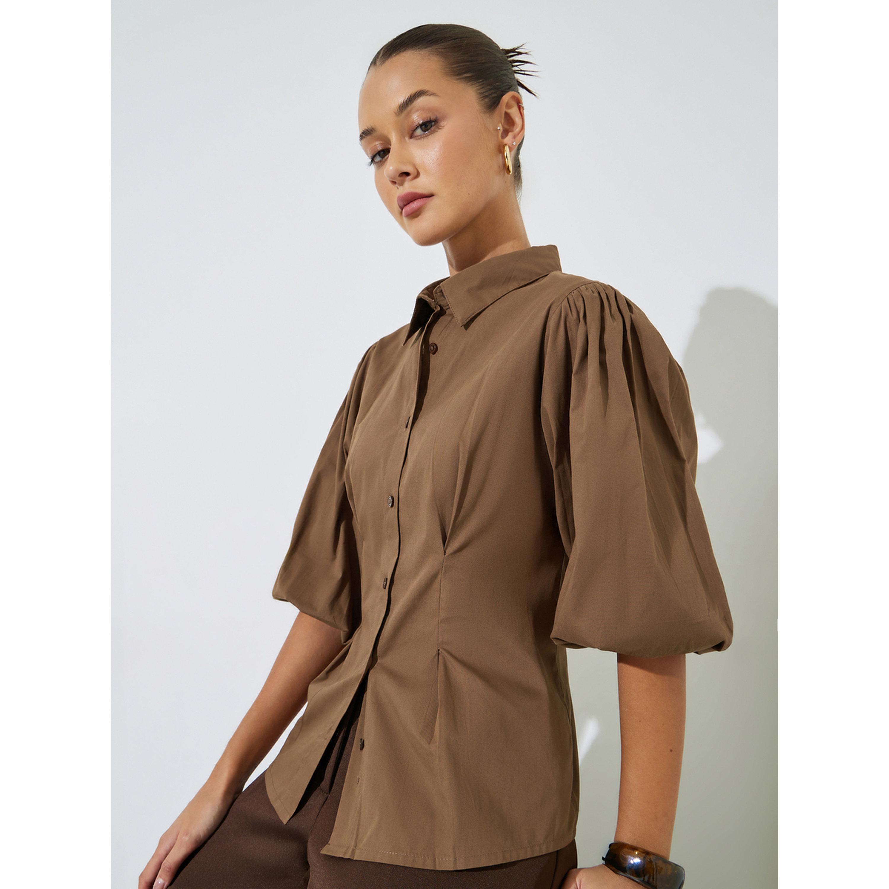 Styli Brown Solid Puff Sleeves Peplum Shirt with Gathered Details-women-clothing-shirtsandblouses-shirts-image-3