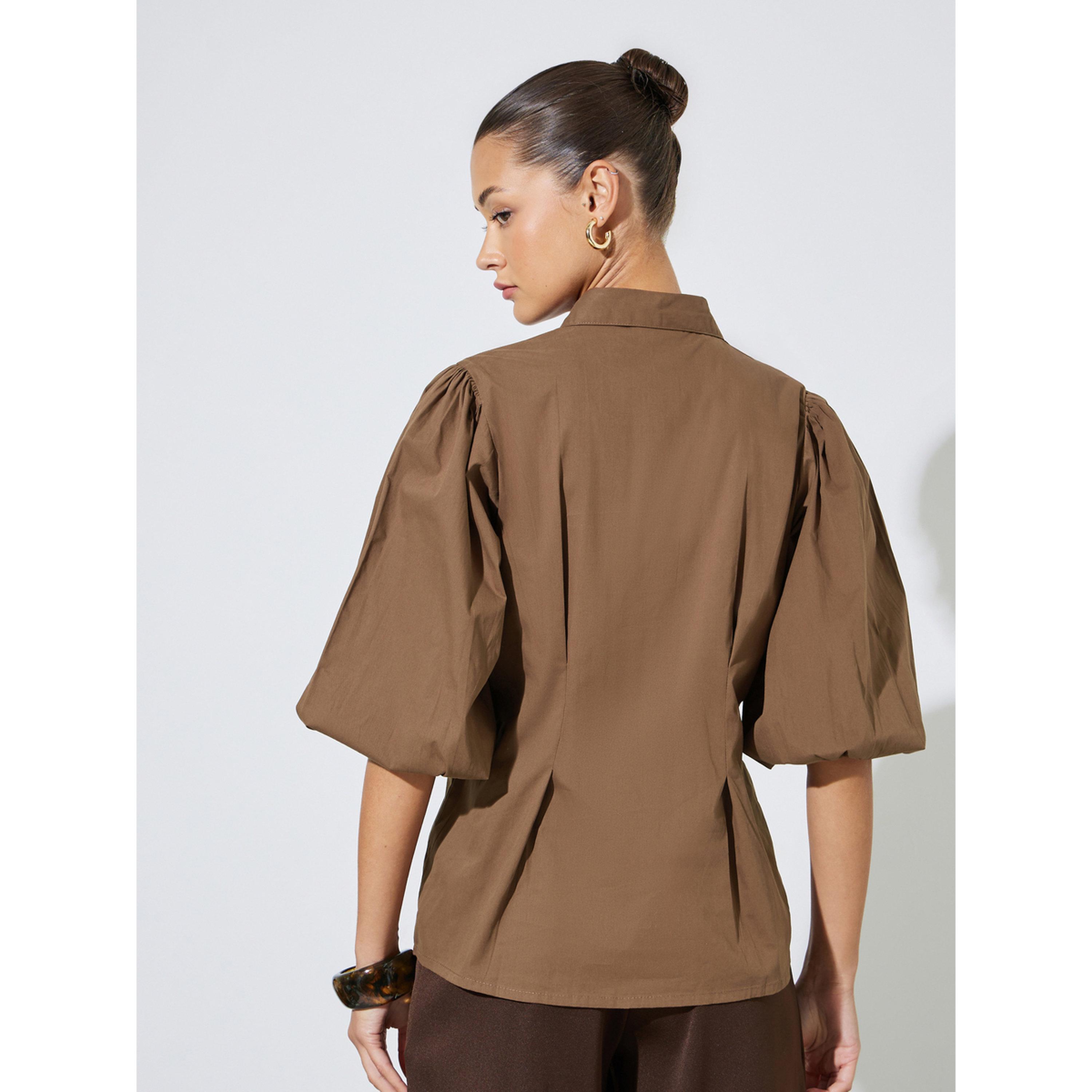 Styli Brown Solid Puff Sleeves Peplum Shirt with Gathered Details-women-clothing-shirtsandblouses-shirts-image-4