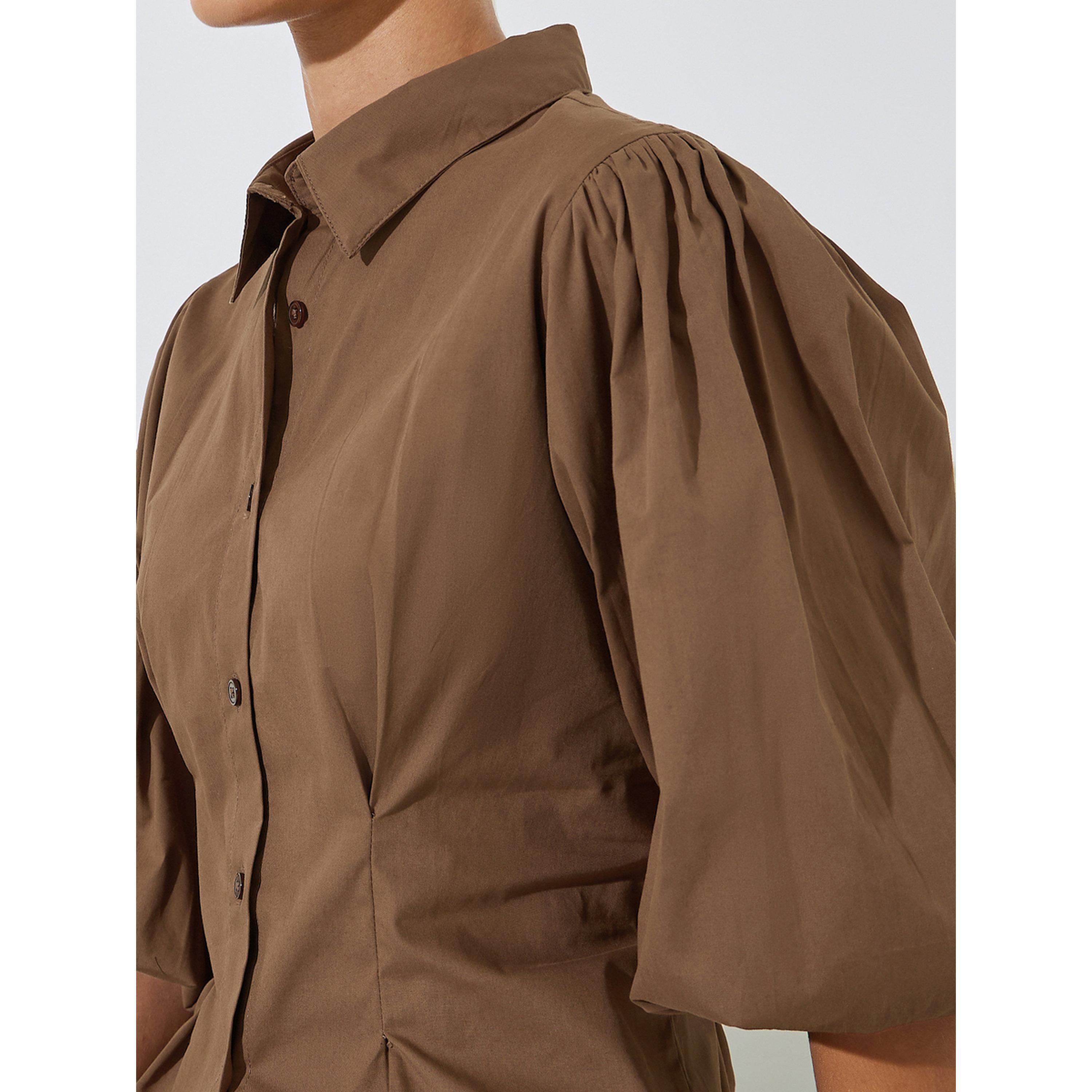 Styli Brown Solid Puff Sleeves Peplum Shirt with Gathered Details-women-clothing-shirtsandblouses-shirts-image-5
