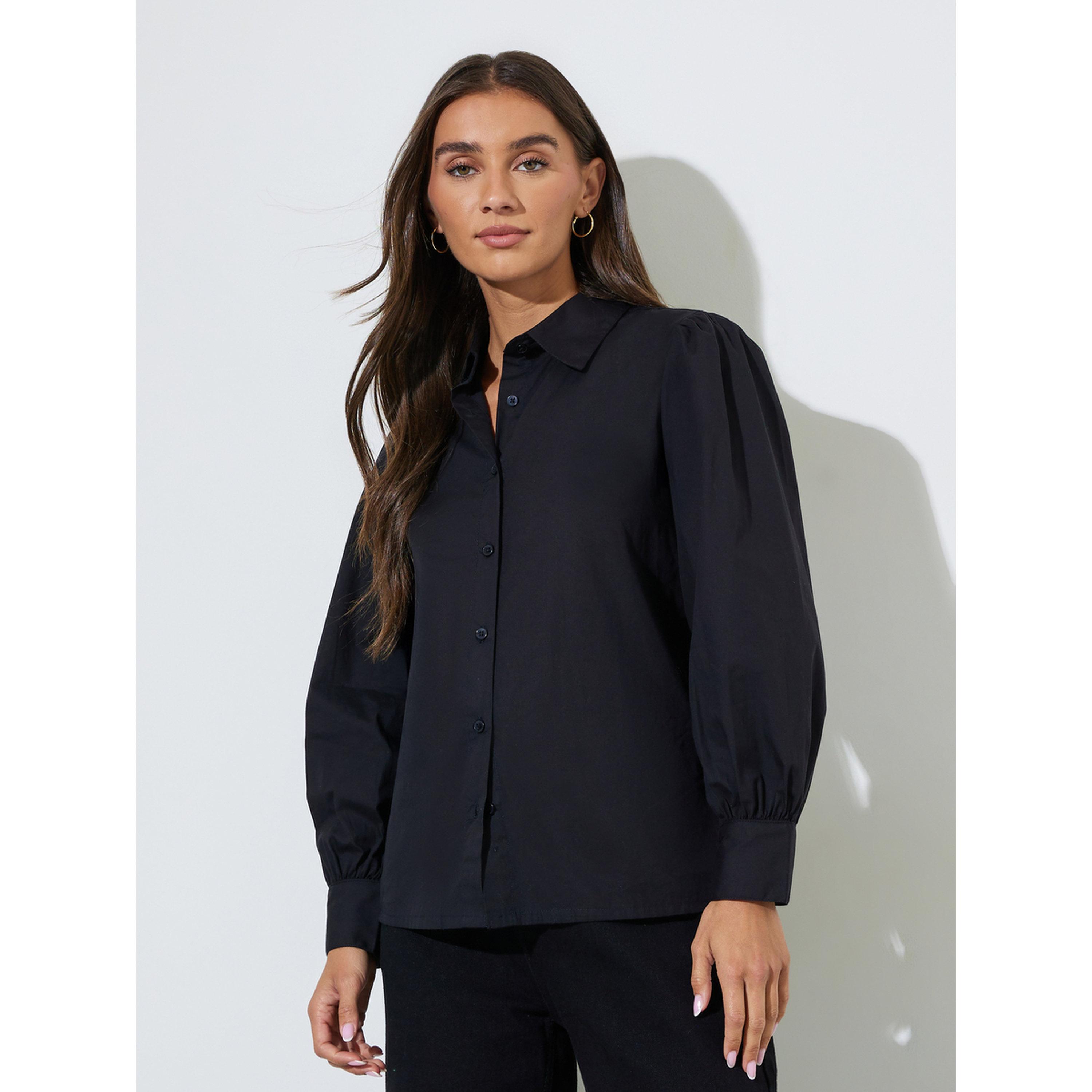 Styli Black Solid Puff Long Sleeves Regular Fit Shirt-women-clothing-shirtsandblouses-shirts-image-1