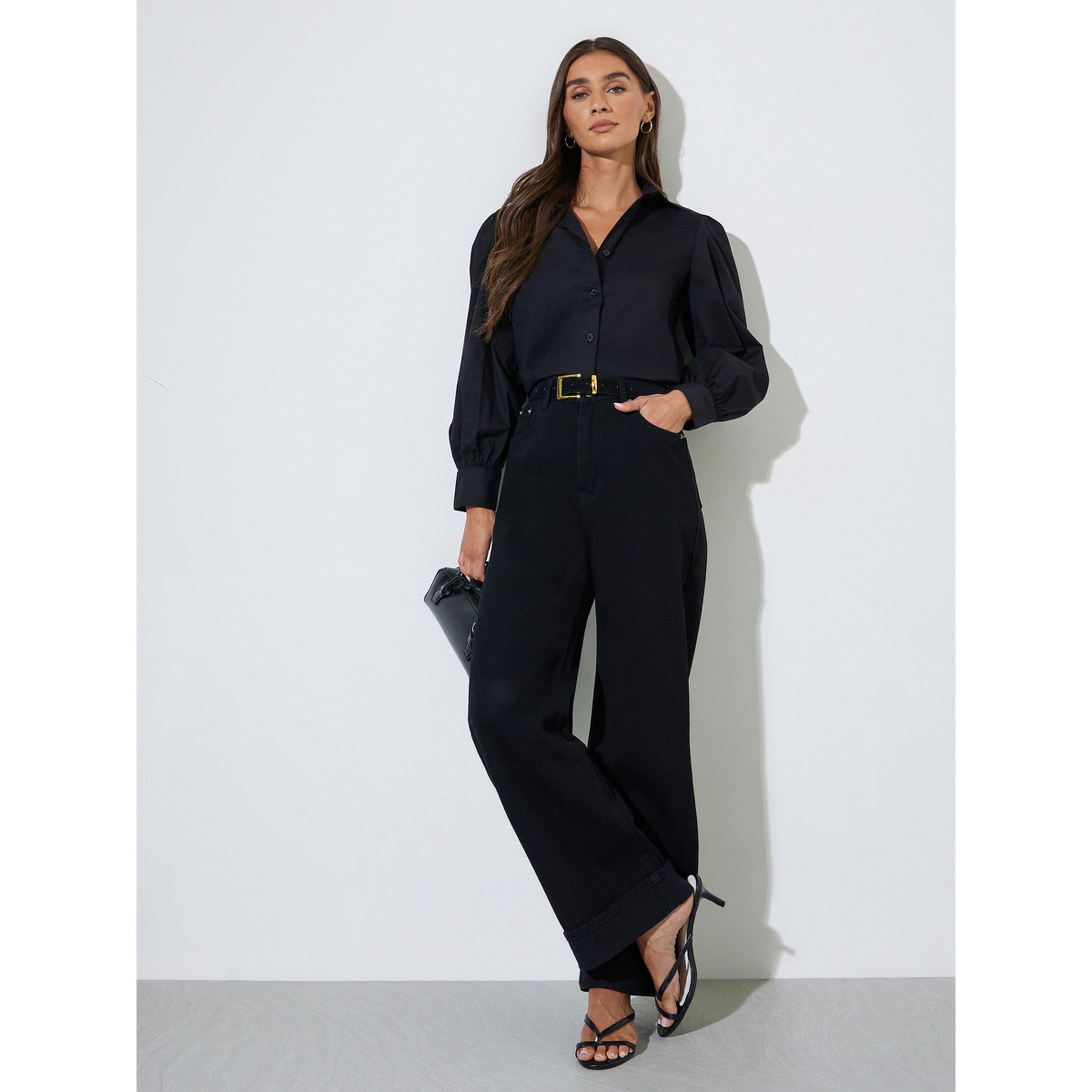 Styli Black Solid Puff Long Sleeves Regular Fit Shirt-women-clothing-shirtsandblouses-shirts-image-2