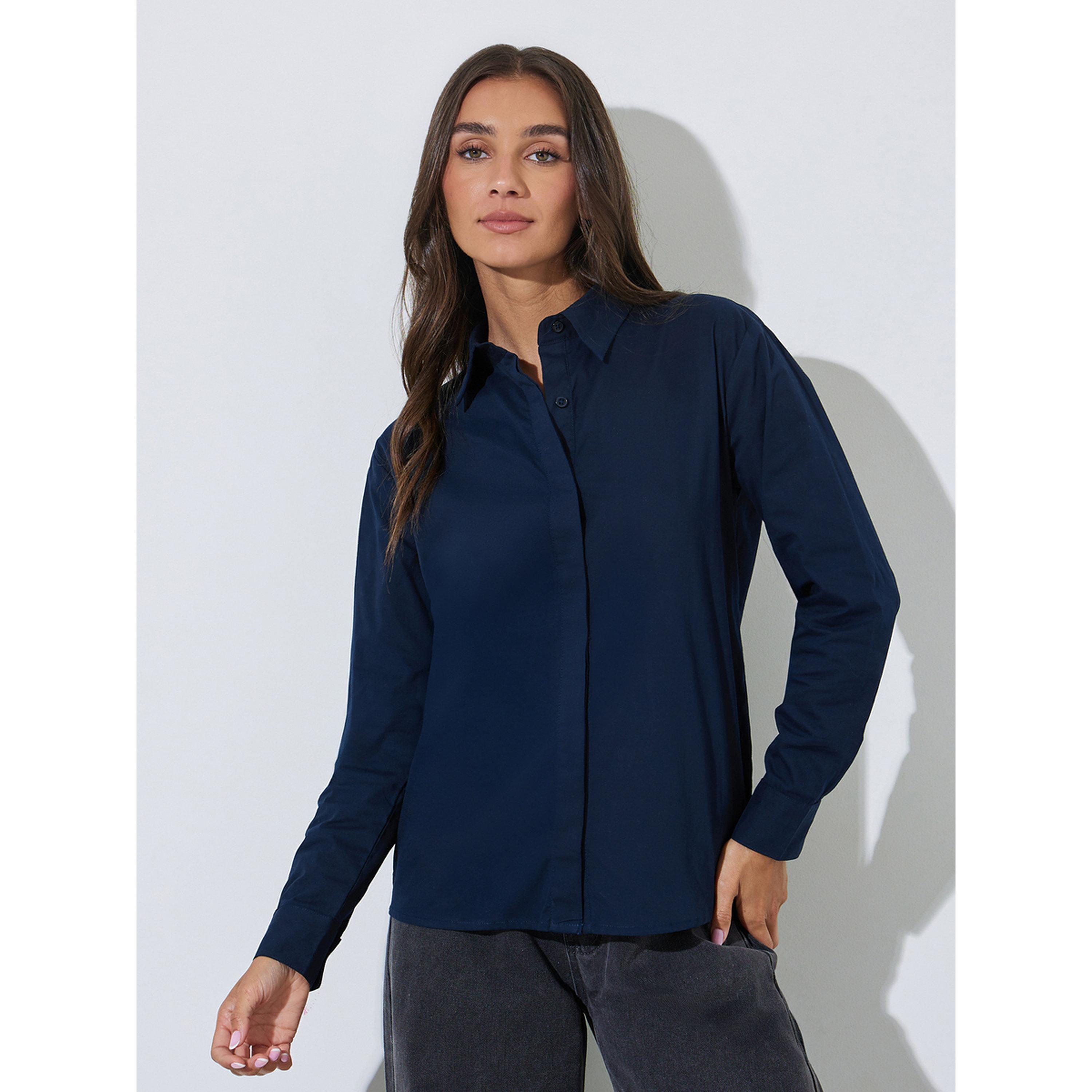 Styli Navy Blue Solid Long Sleeves Regular Fit Shirt-women-clothing-shirtsandblouses-shirts-image-1