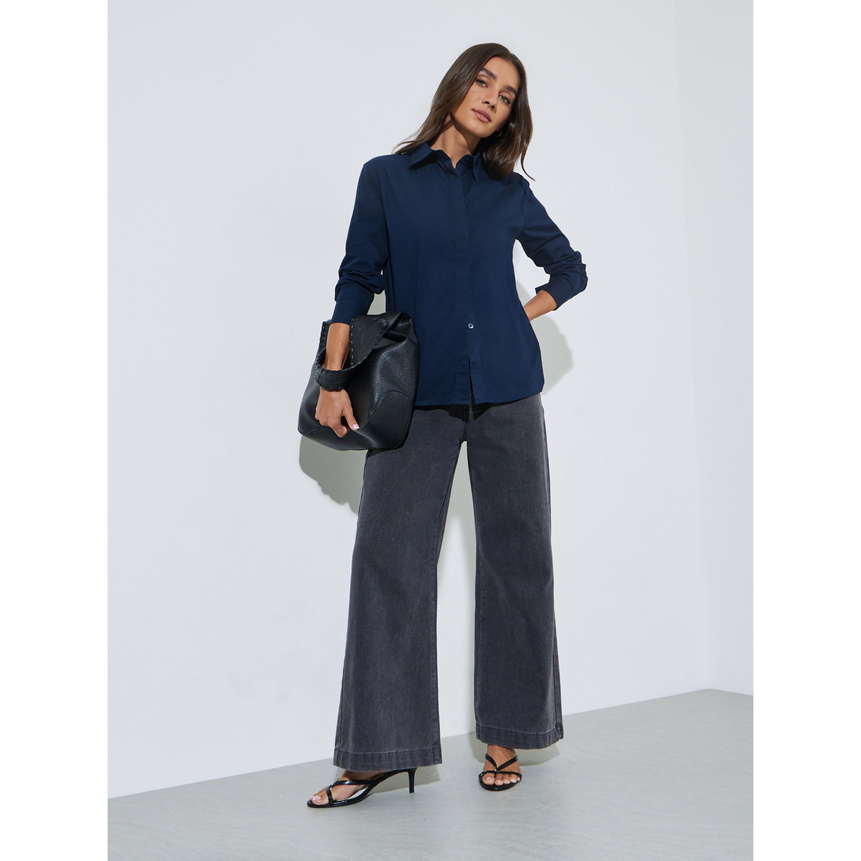 Styli Navy Blue Solid Long Sleeves Regular Fit Shirt-women-clothing-shirtsandblouses-shirts-image-2