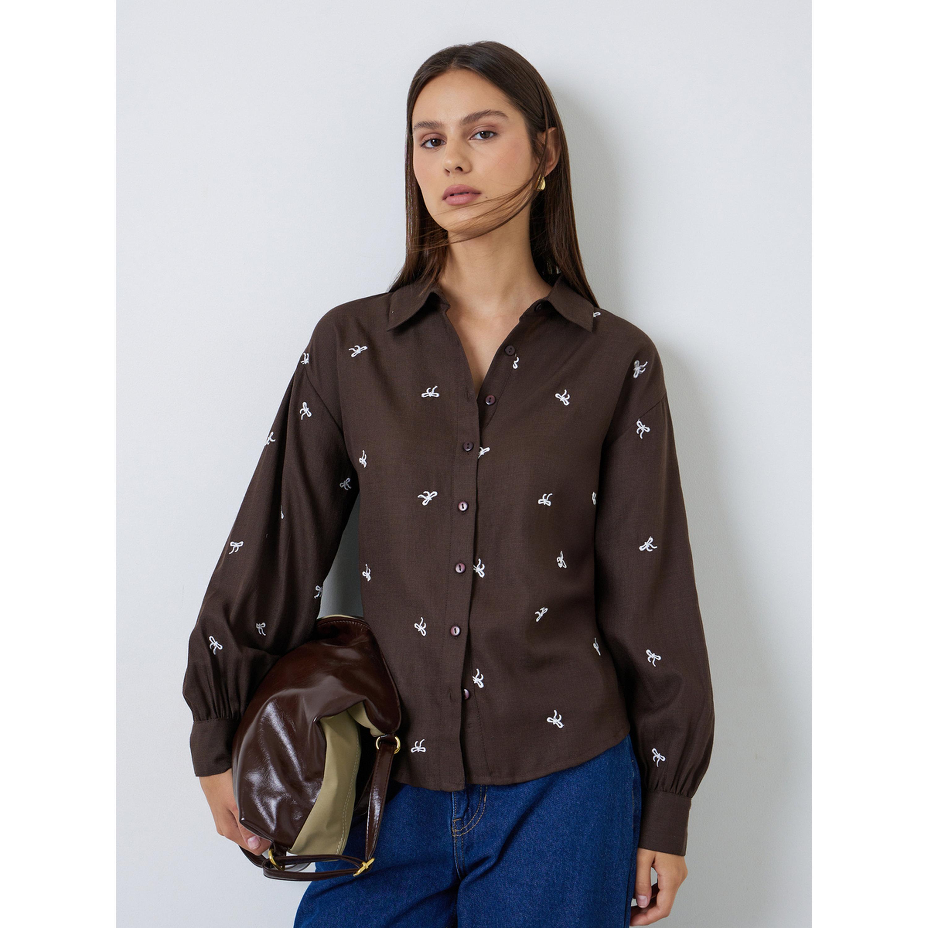 Styli Brown Embroidered Long Sleeve Shirt-women-clothing-shirtsandblouses-shirts-image-1