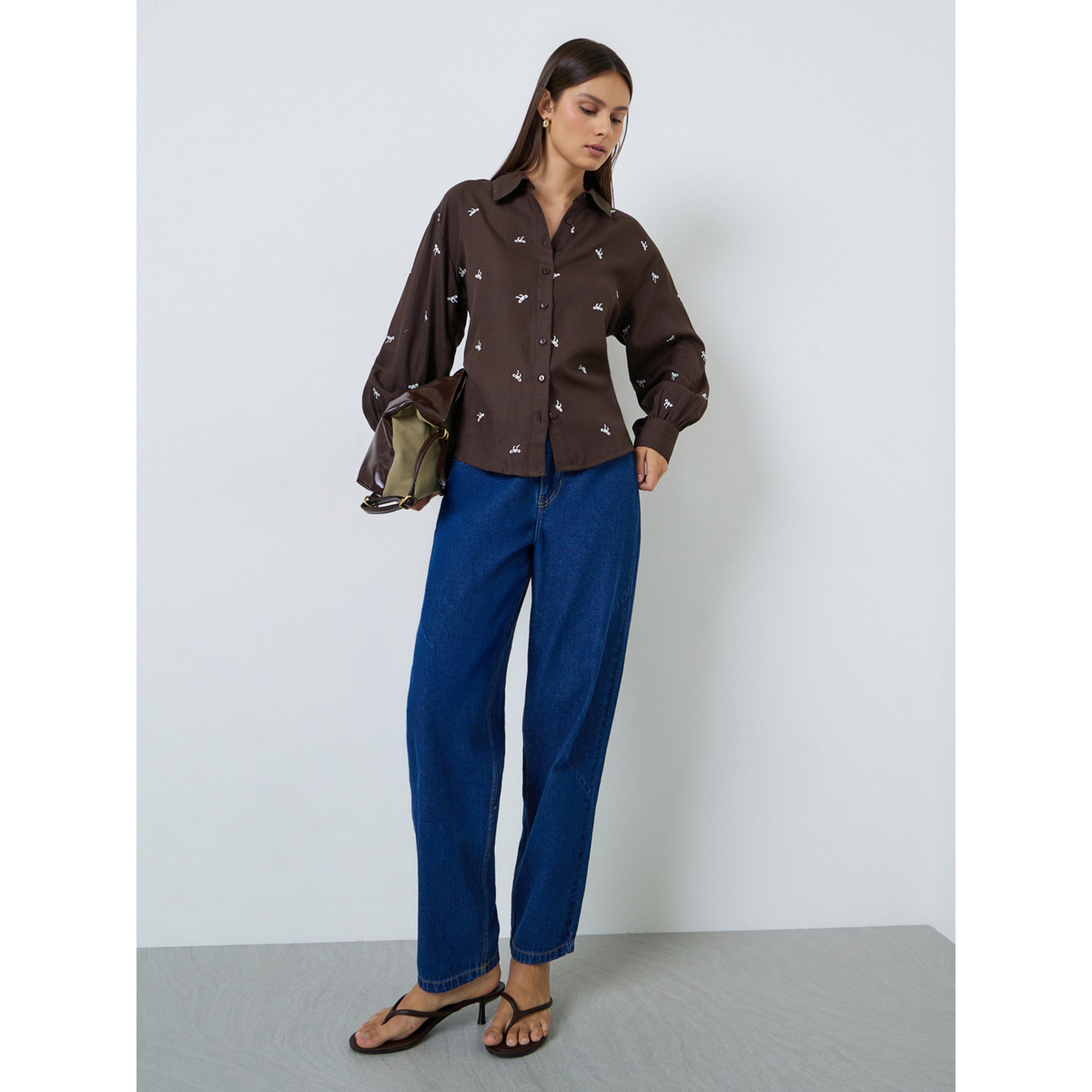 Styli Brown Embroidered Long Sleeve Shirt-women-clothing-shirtsandblouses-shirts-image-2