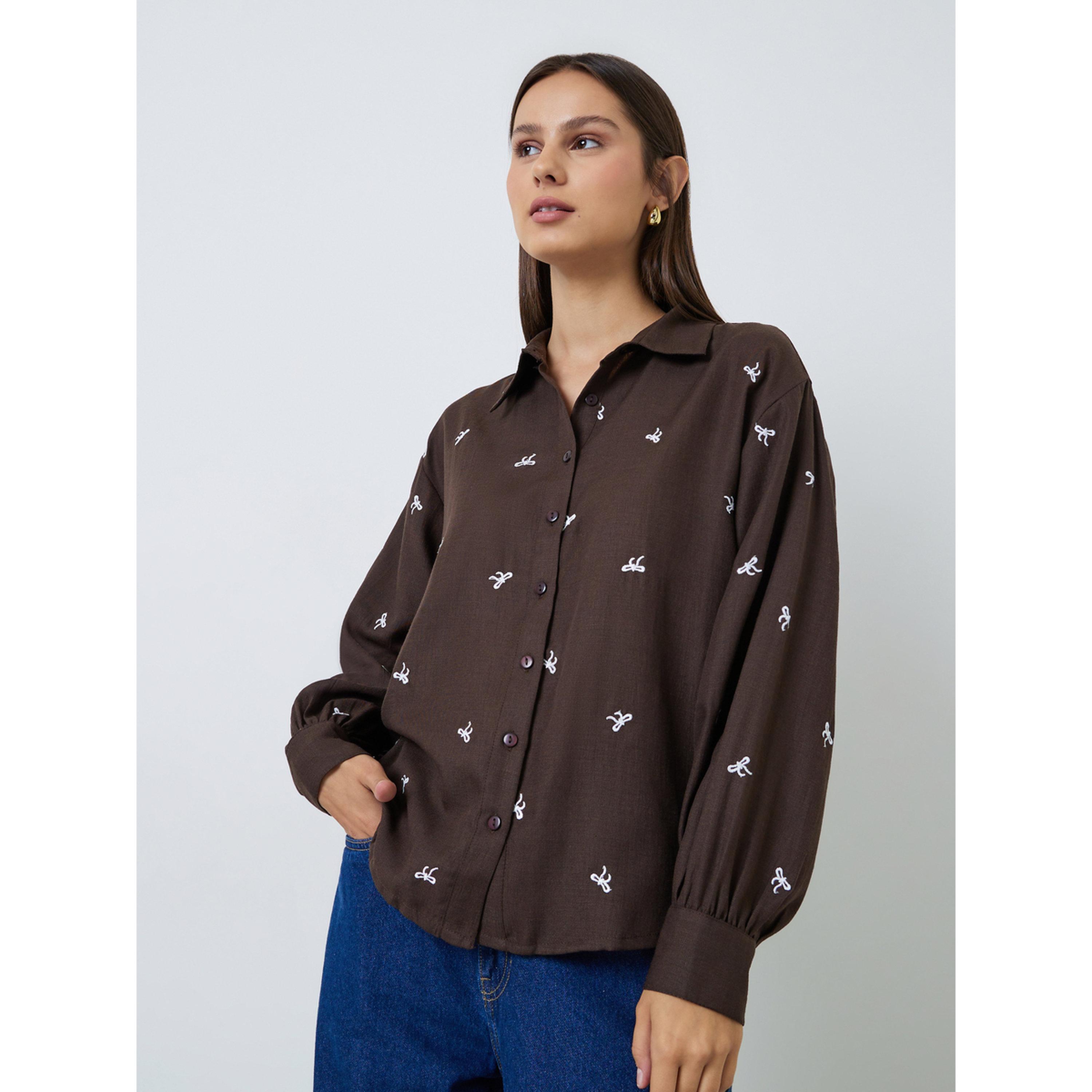 Styli Brown Embroidered Long Sleeve Shirt-women-clothing-shirtsandblouses-shirts-image-3