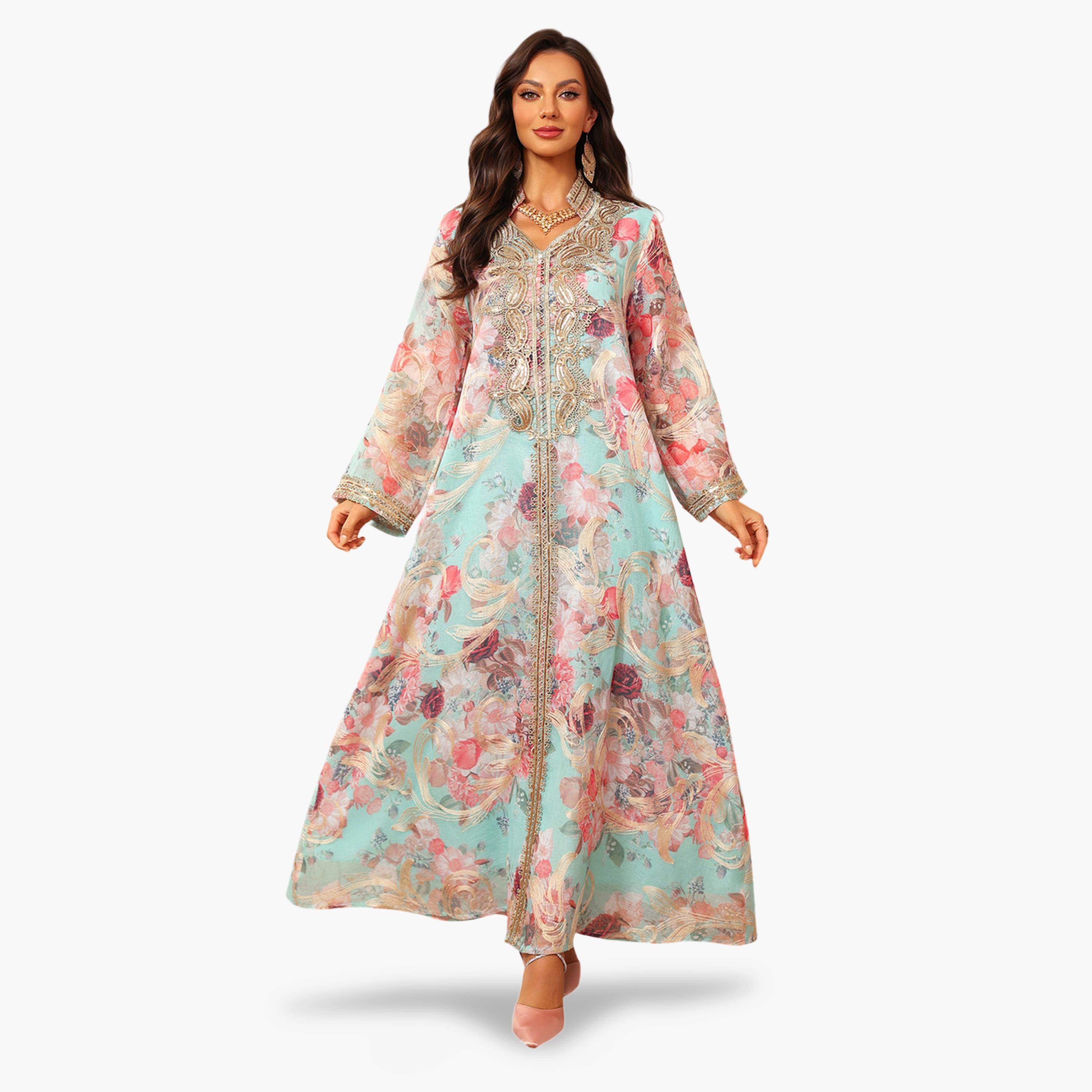 Take Two Floral Print Maxi Jalabiya With Gold Embroidery-women-arabicclothing-jalabiyas-image-1