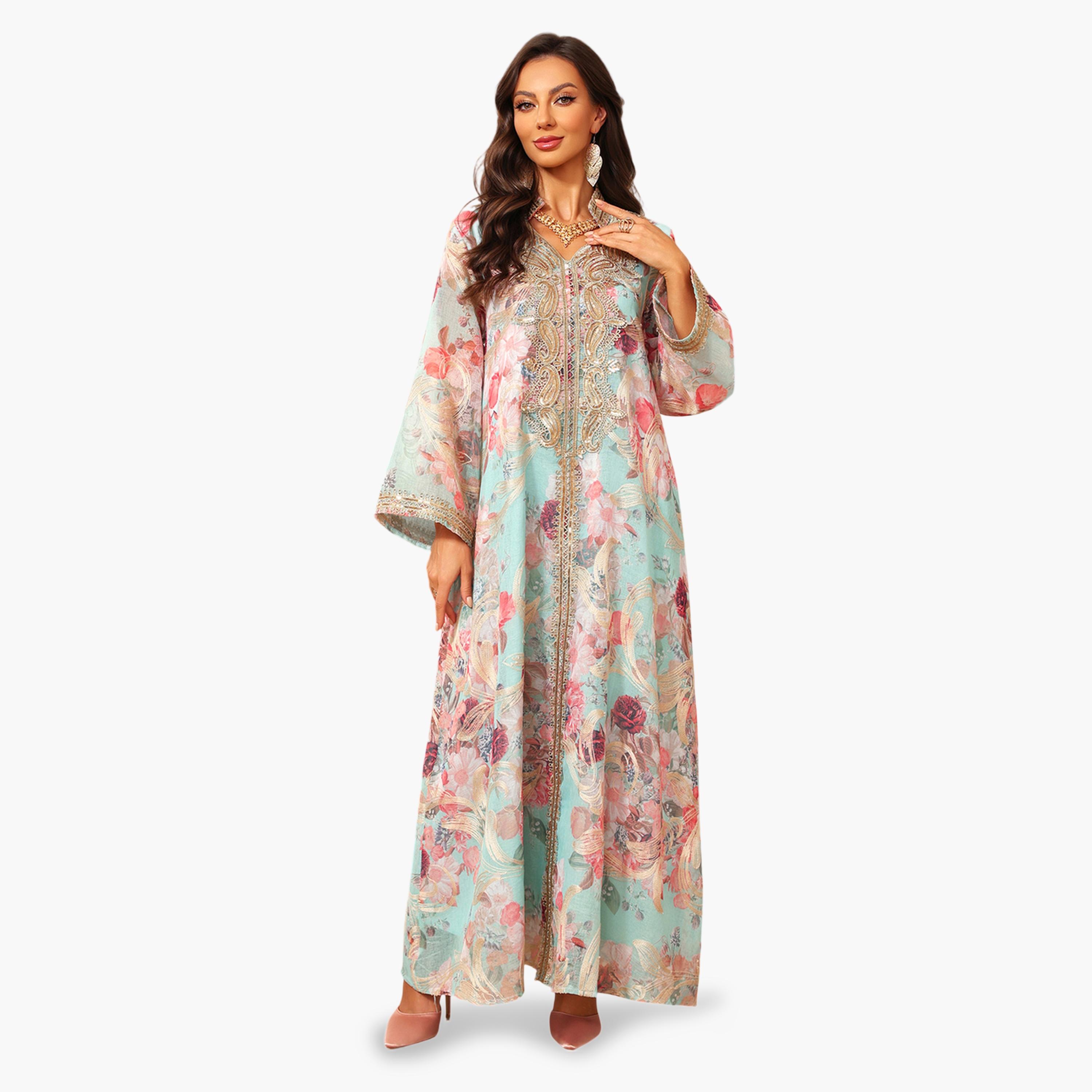 Take Two Floral Print Maxi Jalabiya With Gold Embroidery-women-arabicclothing-jalabiyas-image-2