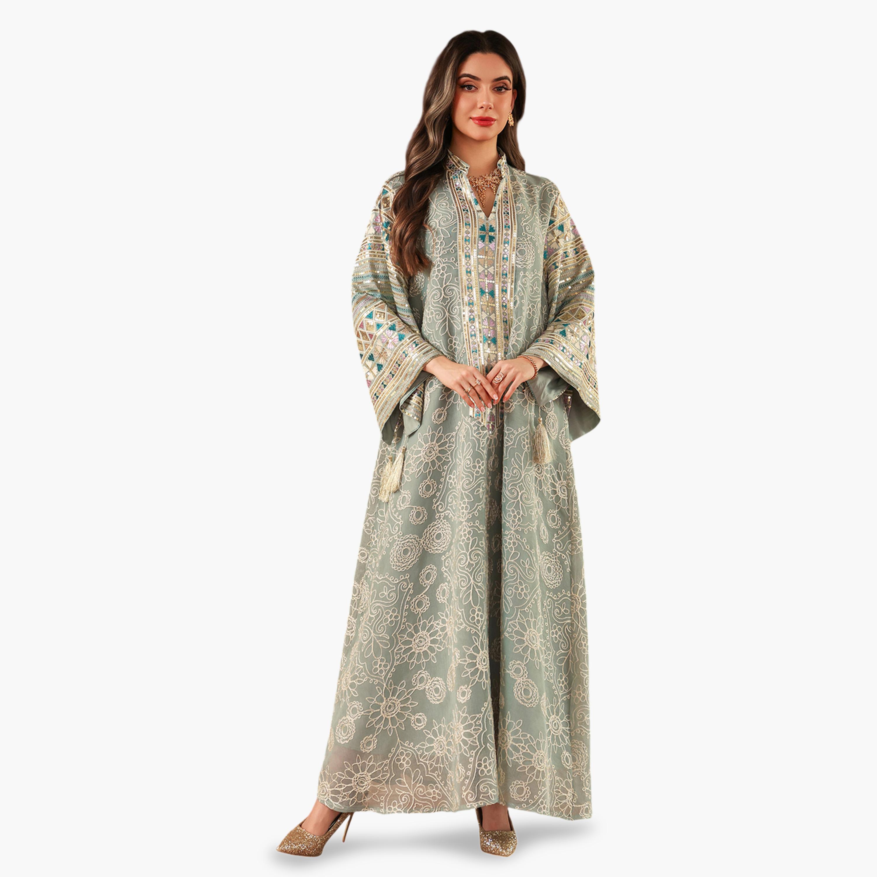 Take Two Teal Maxi Jalabiya with Intricate Embroidery-women-arabicclothing-jalabiyas-image-1
