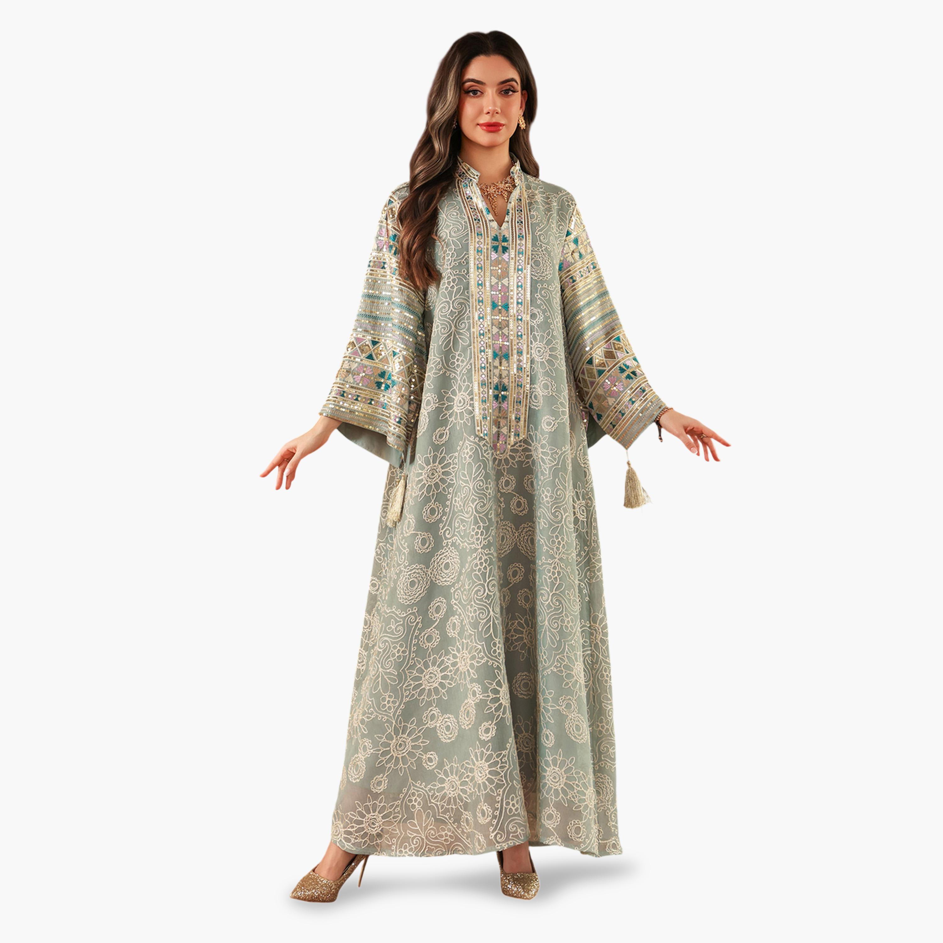 Take Two Teal Maxi Jalabiya with Intricate Embroidery-women-arabicclothing-jalabiyas-image-2