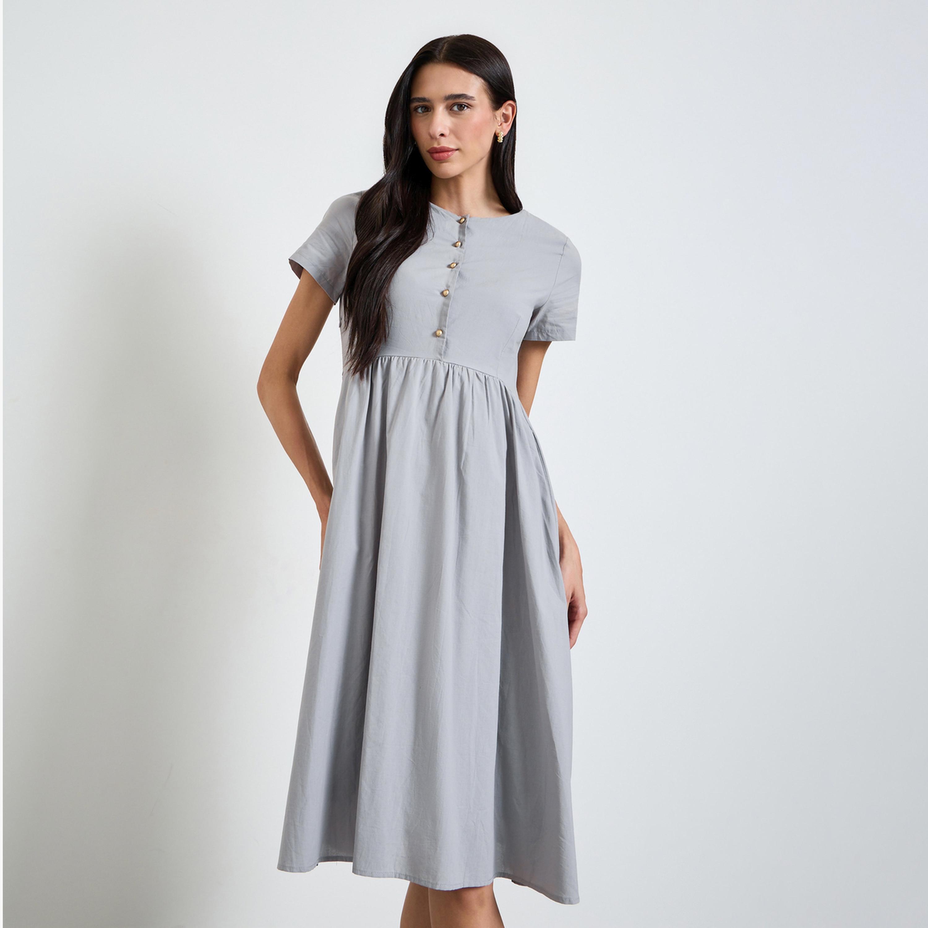Styli Grey Solid Short Sleeves A-Line Midi Dress-women-clothing-dresses-image-1