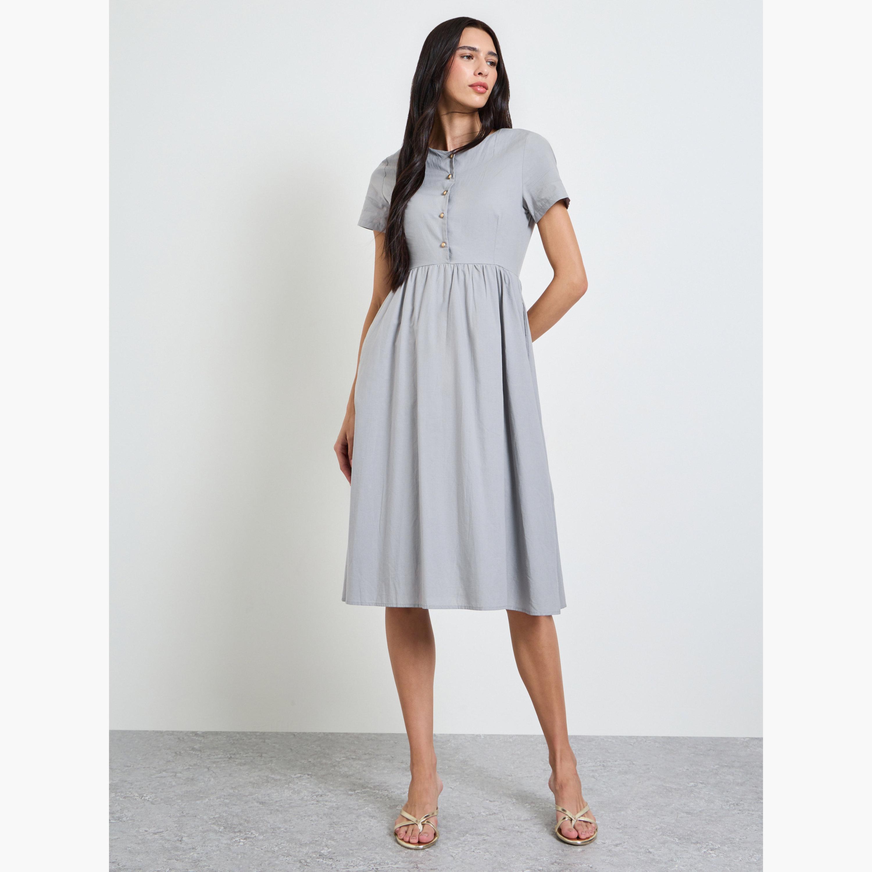 Styli Grey Solid Short Sleeves A-Line Midi Dress-women-clothing-dresses-image-2