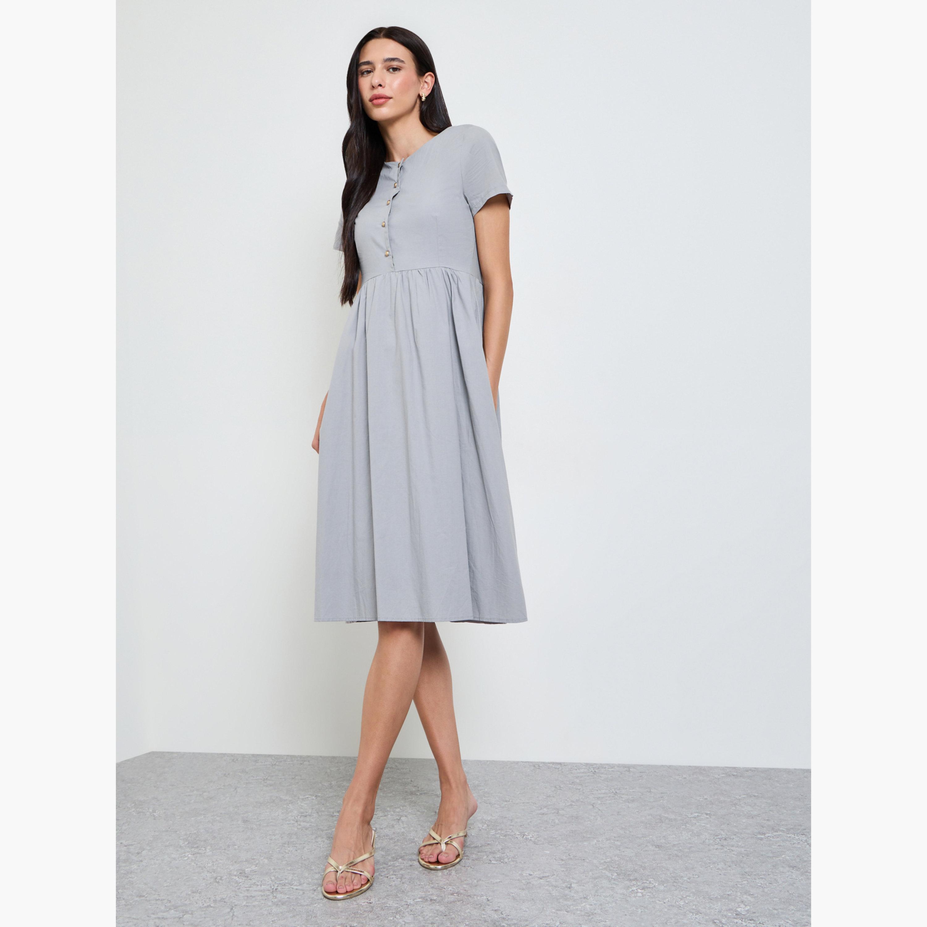 Styli Grey Solid Short Sleeves A-Line Midi Dress-women-clothing-dresses-image-3