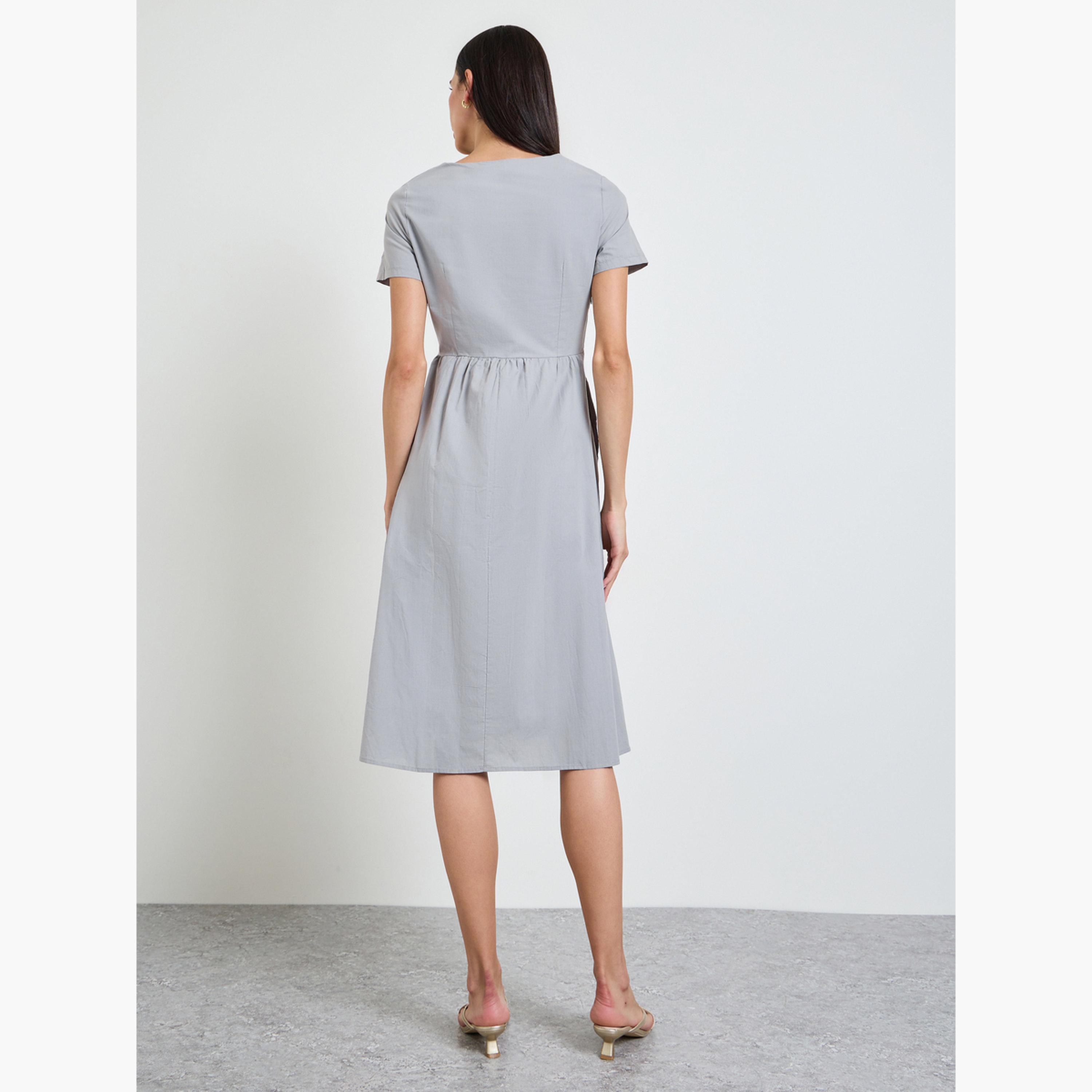 Styli Grey Solid Short Sleeves A-Line Midi Dress-women-clothing-dresses-image-4