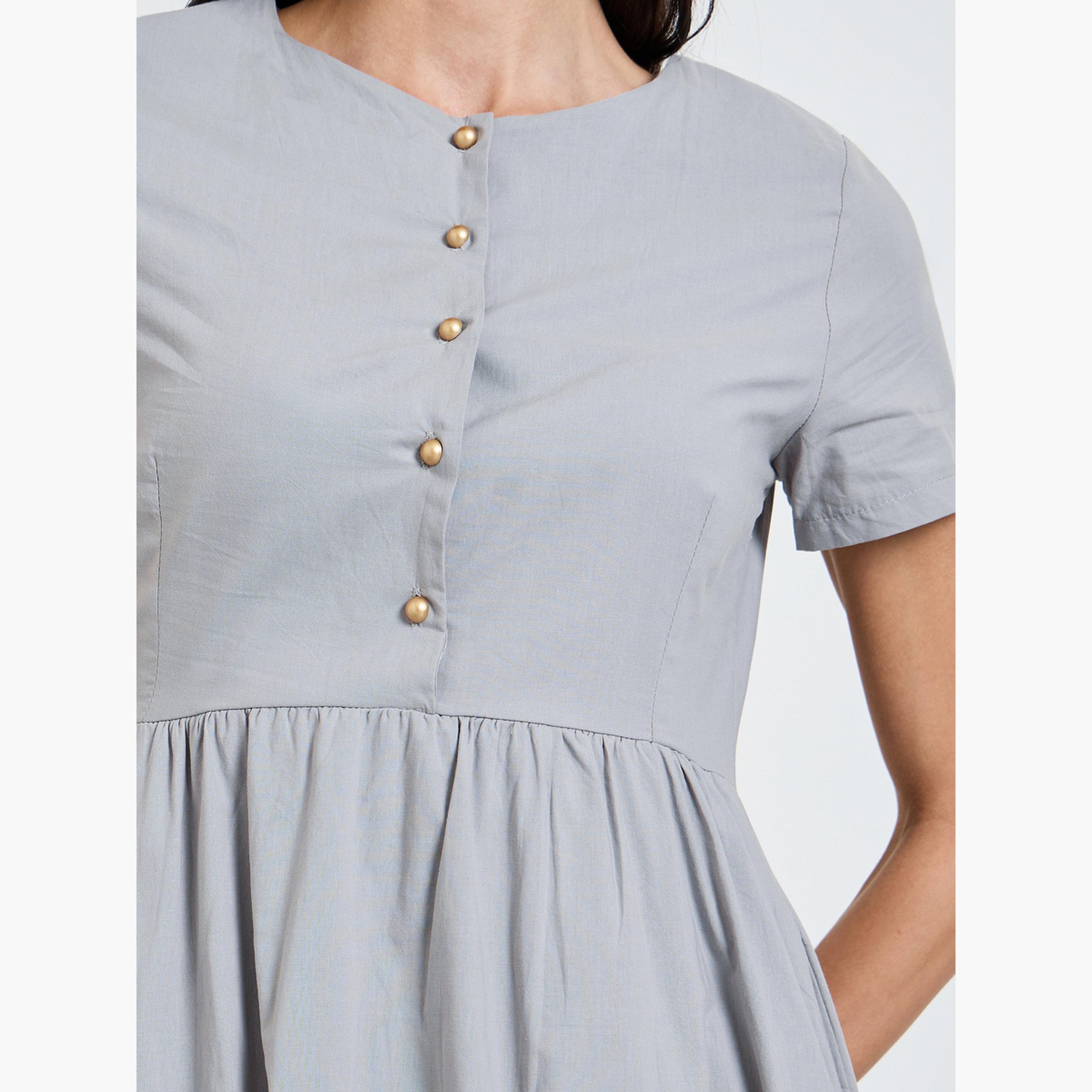 Styli Grey Solid Short Sleeves A-Line Midi Dress-women-clothing-dresses-image-5